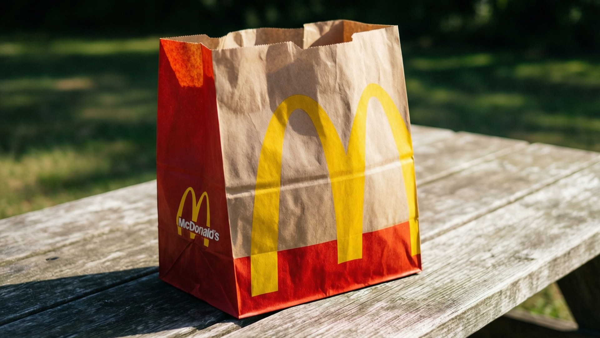 桌布 壁紙 — 一個麥當勞紙袋放在一張風化的木製野餐桌上，背景是明亮的陽光和綠草。