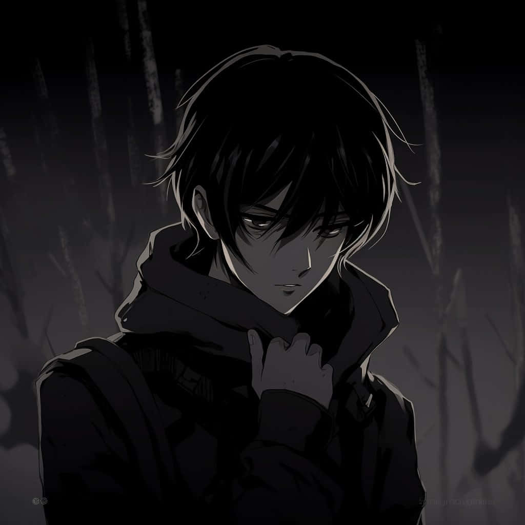  壁紙 — 一個穿著深色連帽衫的憂鬱動漫男孩，在昏暗燈光下帶著陰沉的表情站在雨中。