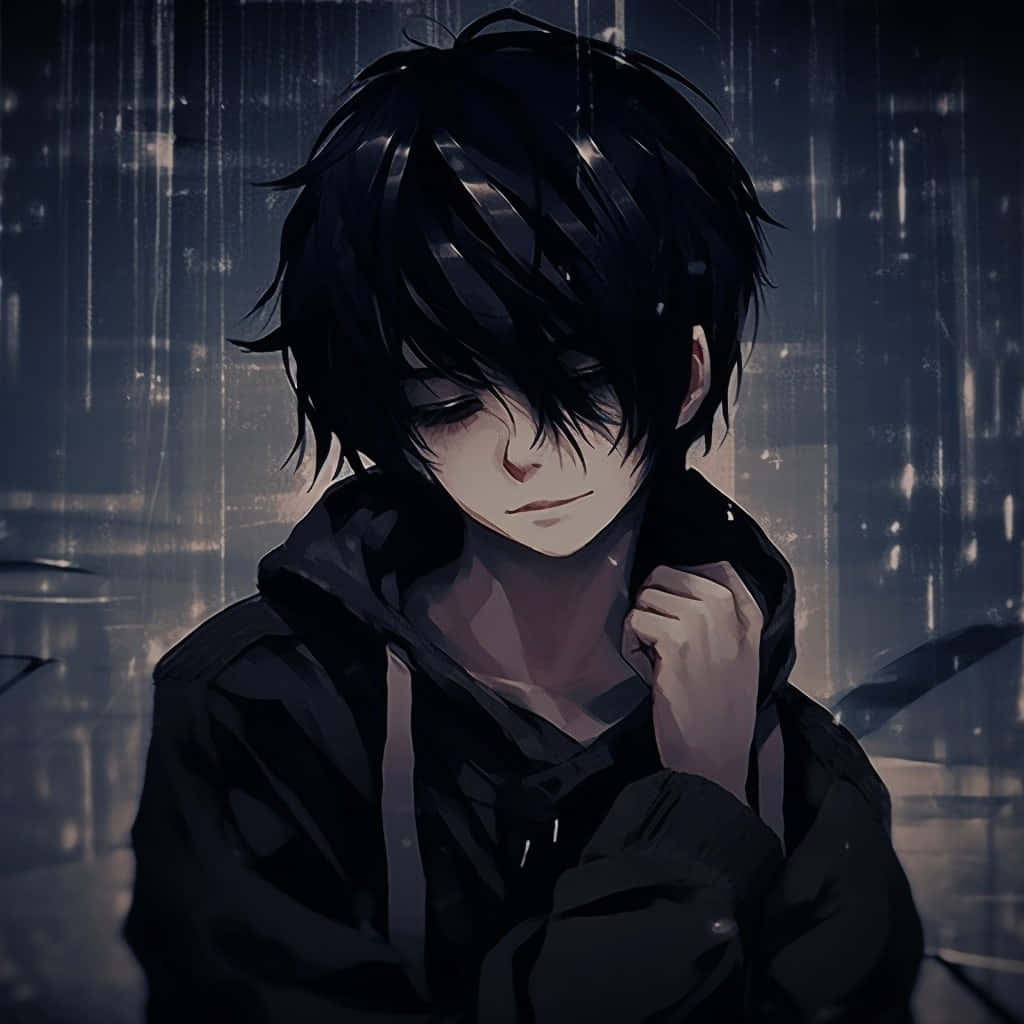  壁紙 — 一個憂鬱的動漫男孩，深色頭髮，穿著連帽衫，站在下雨的城市小巷中，在發光的城市燈光下目光低垂。