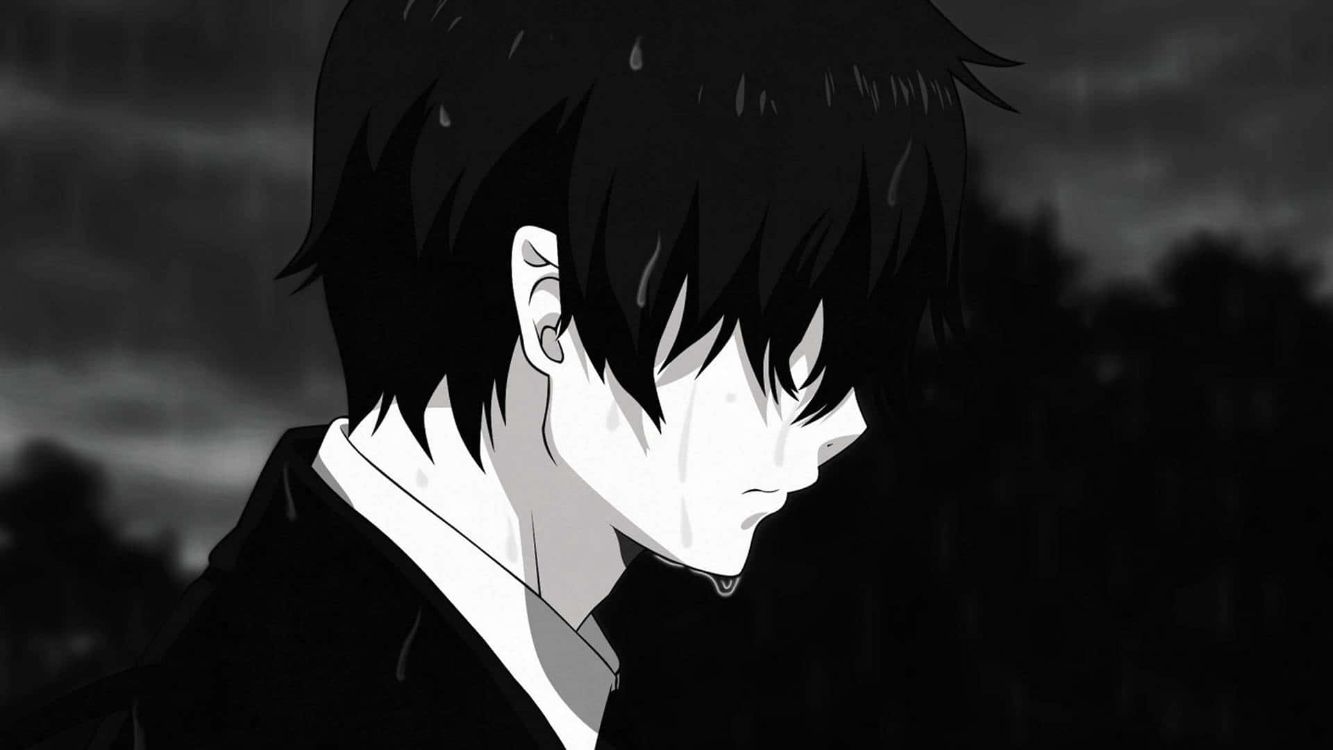  壁紙 — 一個憂鬱的動漫男孩，濕髮和淚水，在單色雨景中。