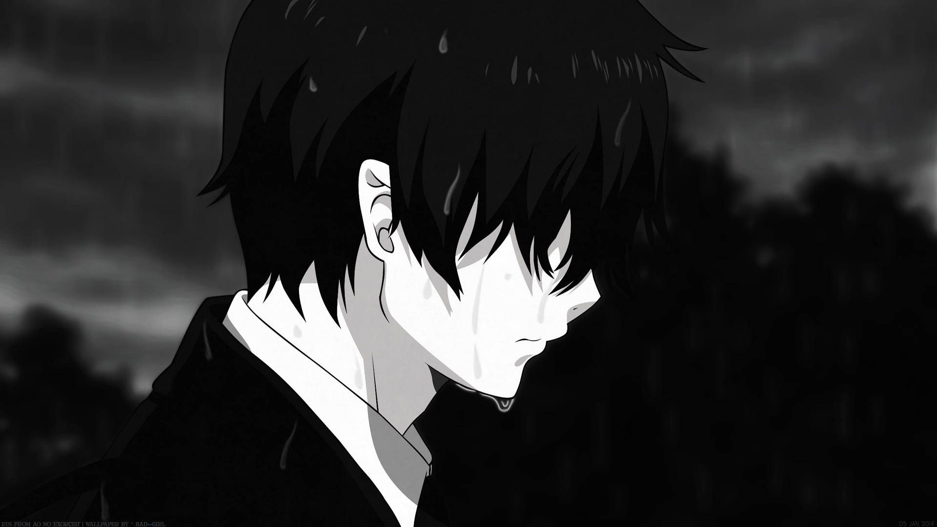 一個悲傷的動漫男孩在雨中哭泣，背景黑暗。 — 可憐動漫 壁紙