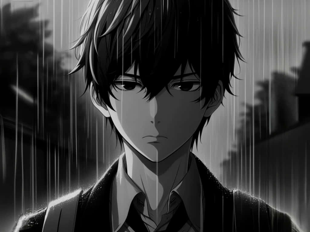  壁紙 — 一個憂鬱的動漫男孩濕著頭髮站在大雨中，他嚴肅的表情被模糊的城市建築所框住。