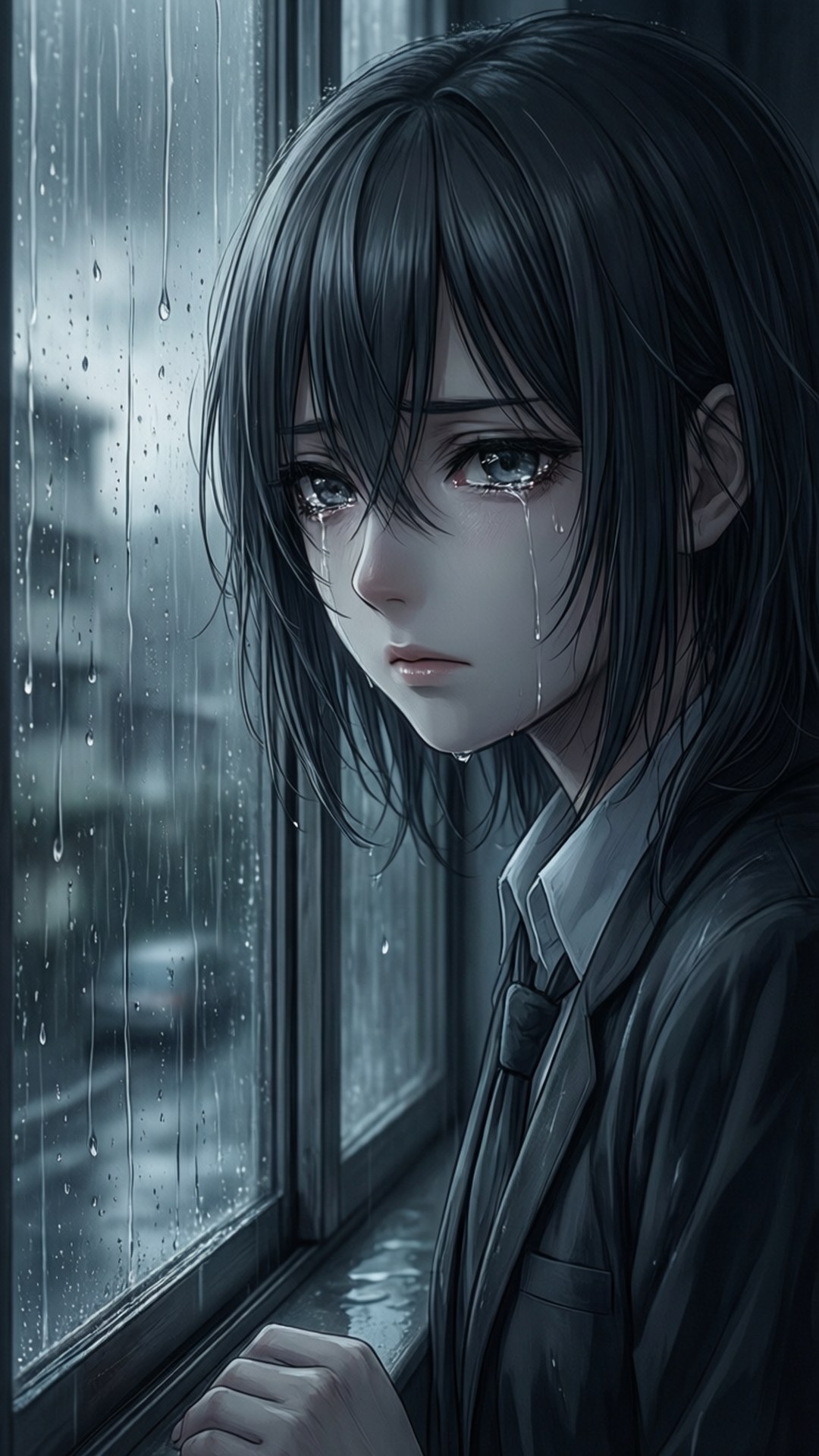 Rainy Day Melancholy 壁紙 — 一個黑髮的憂鬱動漫女孩在昏暗的房間裡，在雨水斑駁的窗邊靜靜地哭泣。