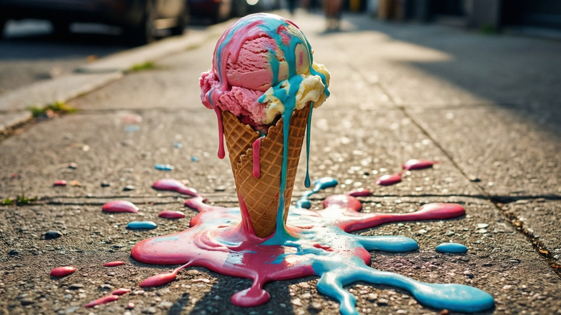 Melting Cone Surreal 壁紙 — 一個正在融化的冰淇淋甜筒，帶有粉紅、藍色和黃色的漩渦，滴落在陽光普照的人行道上，形成一個色彩繽紛的水坑。