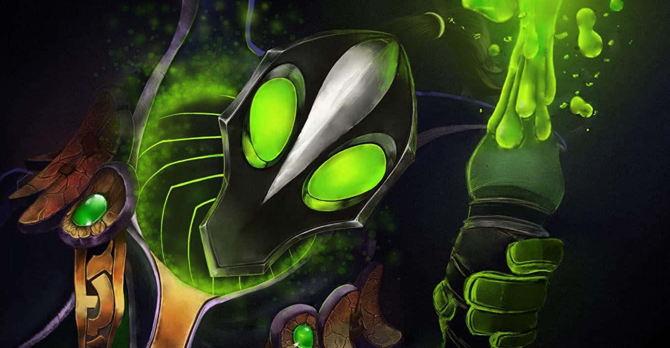 Rubick 桌布 壁紙 — 一個帶有發光綠色眼睛和滴落黏液的可畏外星人，在黑暗的宇宙背景下舉起拳頭。