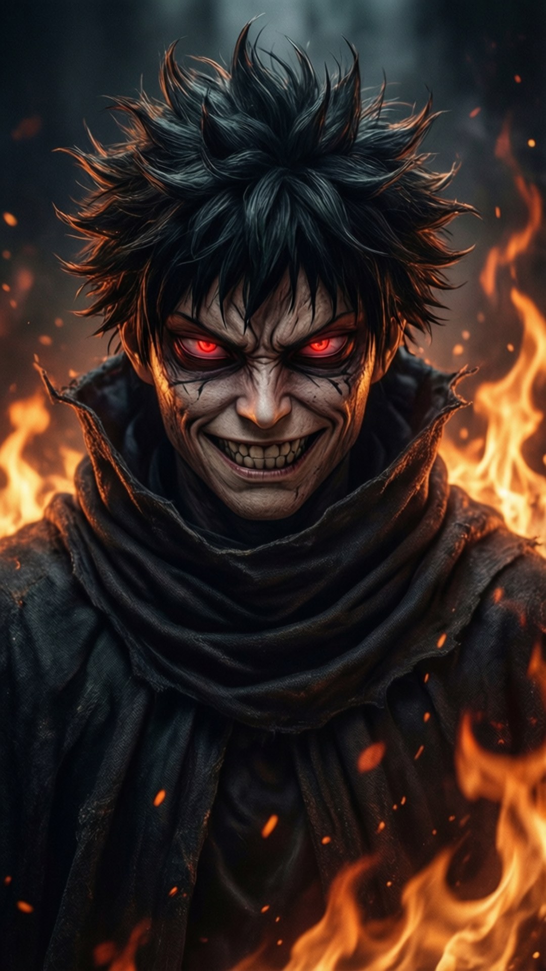 Villain Bakugou 壁紙 — 一個帶有尖刺黑髮和發光紅眼的威脅性動漫角色，被咆哮的火焰和飛舞的火花包圍。