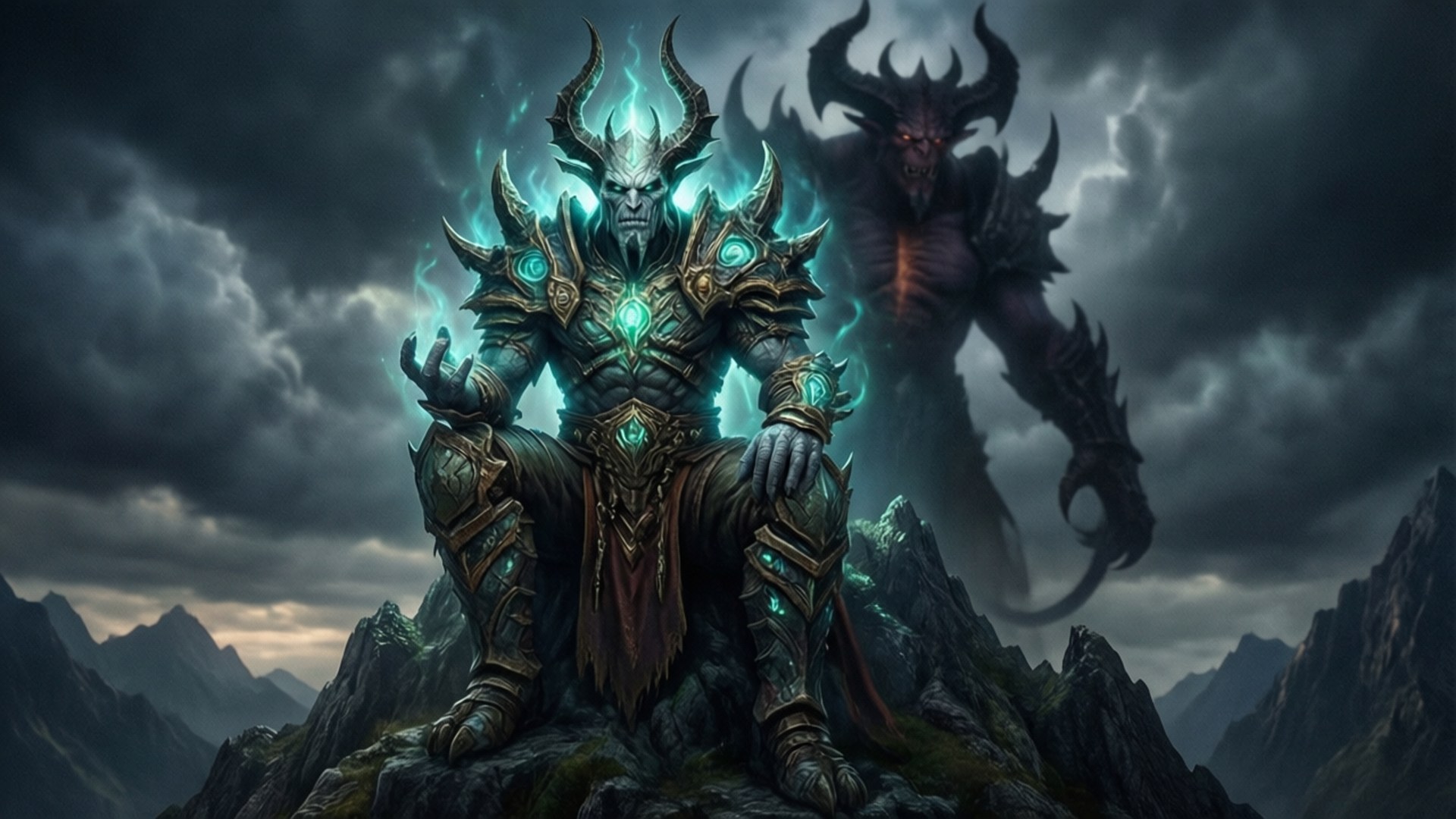 Diablo Worldstone Shadow 壁紙 — 一個身穿盔甲、帶有發光青綠色眼睛和角的威脅性惡魔王坐在崎嶇的山頂上，一隻陰影野獸在暴風雨的天空下隱約出現在他身後。