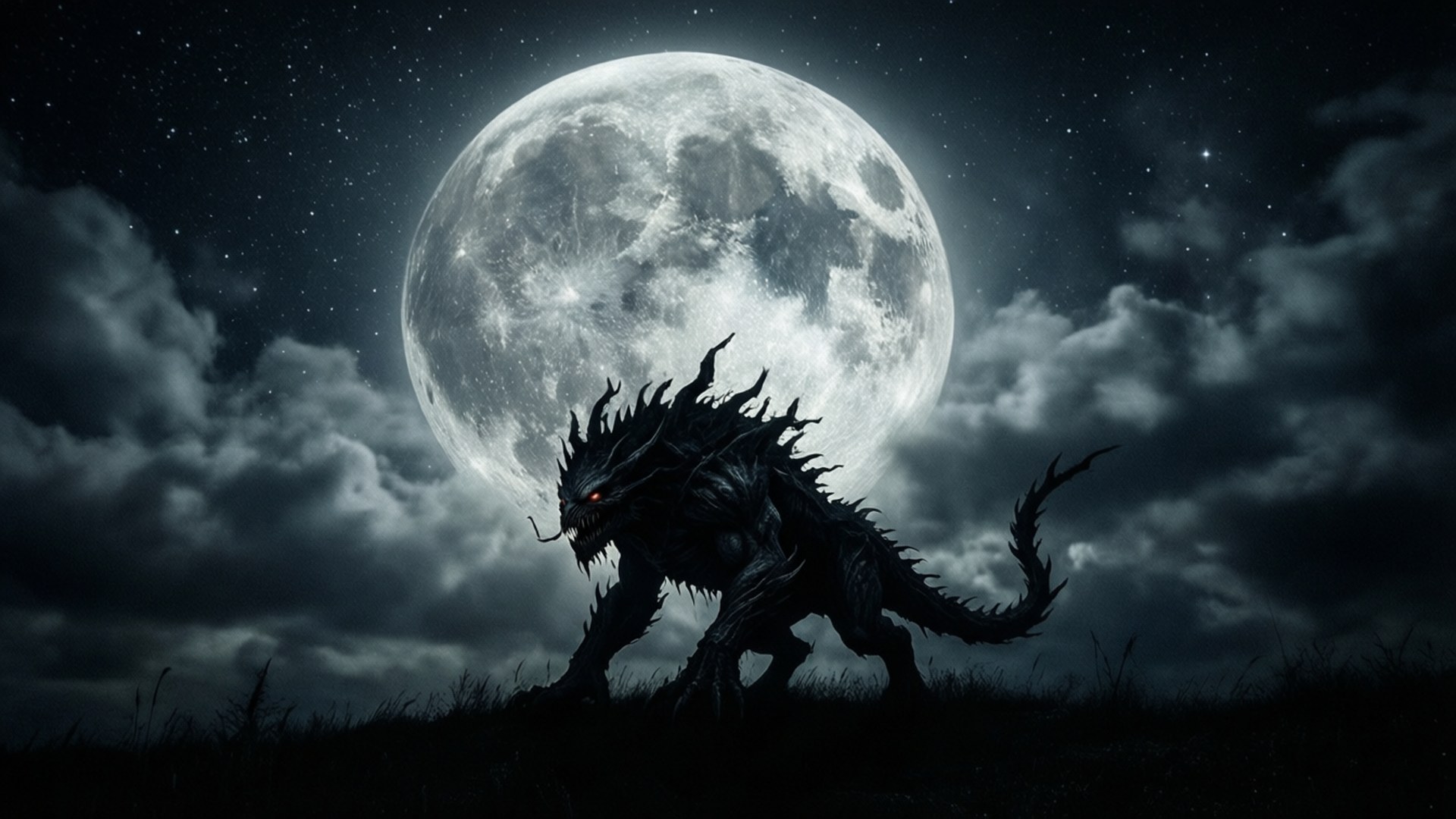 Moonlit Menace 壁紙 — 一隻帶有發光紅眼的威脅性黑龍，在巨大明亮的滿月和星空夜空下，在長滿草的山丘頂上徘徊。
