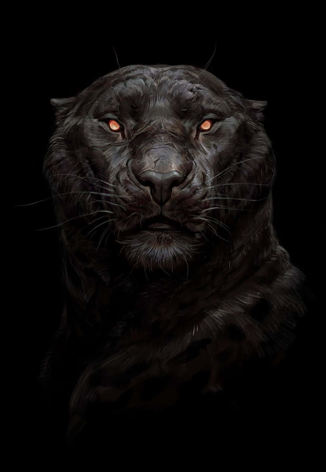 panther 桌布 壁紙 — 一隻具威脅性的黑豹在純黑背景下，直接以發光的橙色眼睛凝視。