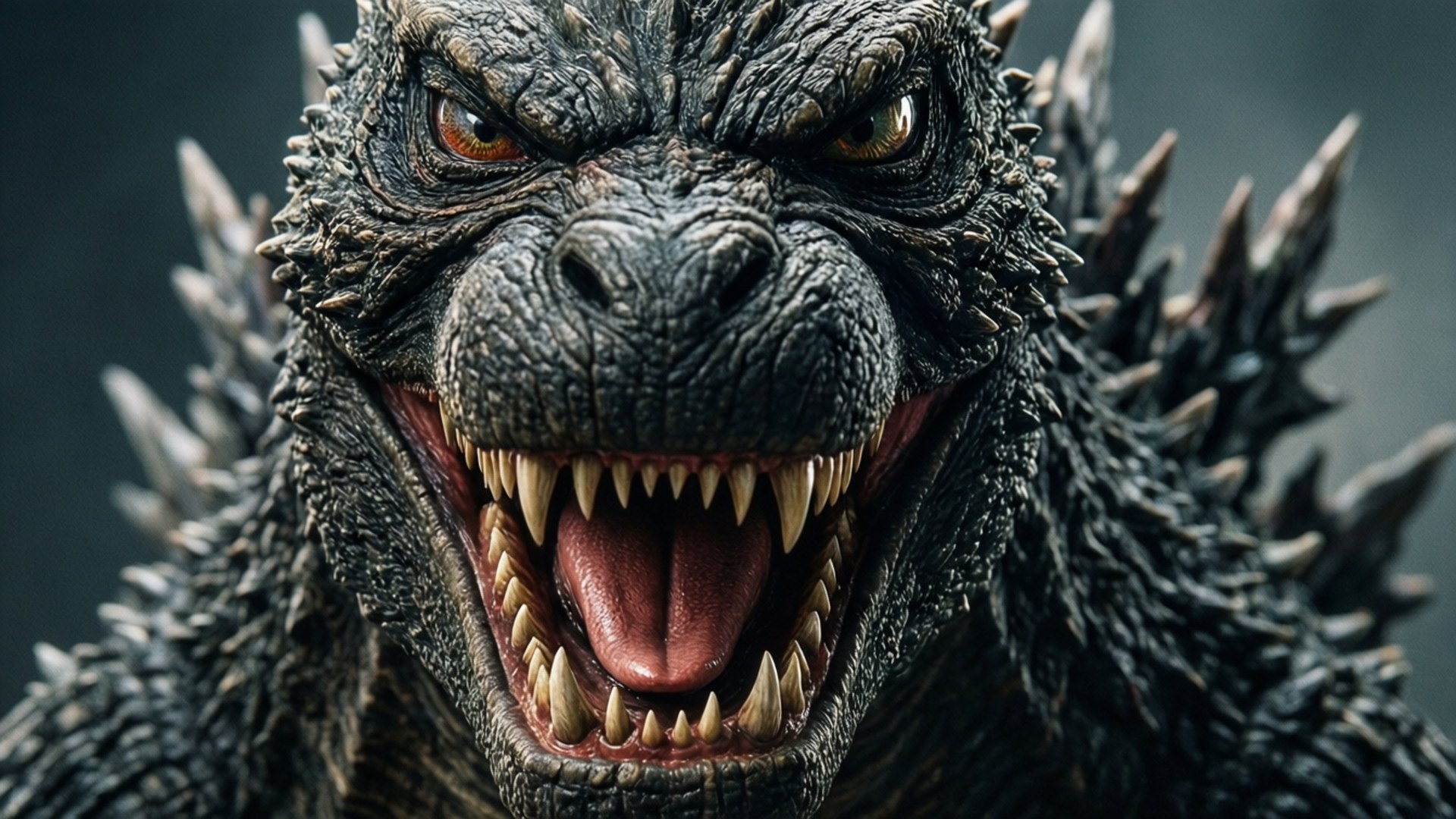 godzilla 1998 桌布 壁紙 — 哥吉拉咆哮的特寫，露出尖銳牙齒和發光的眼睛，背景為深灰色。