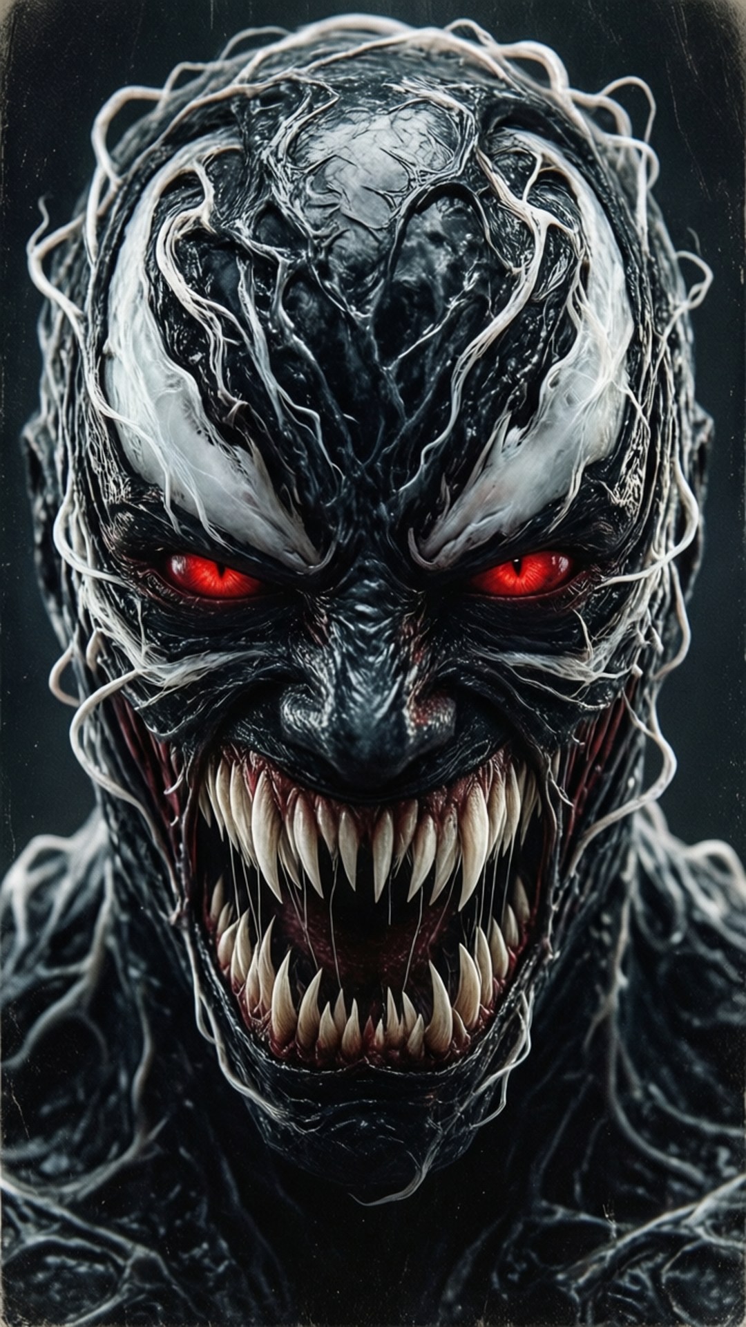 Intense Anti-Venom Gaze 壁紙 — 共生體猛毒的特寫，帶有發光的紅色眼睛和鋒利的牙齒，背景為黑色。