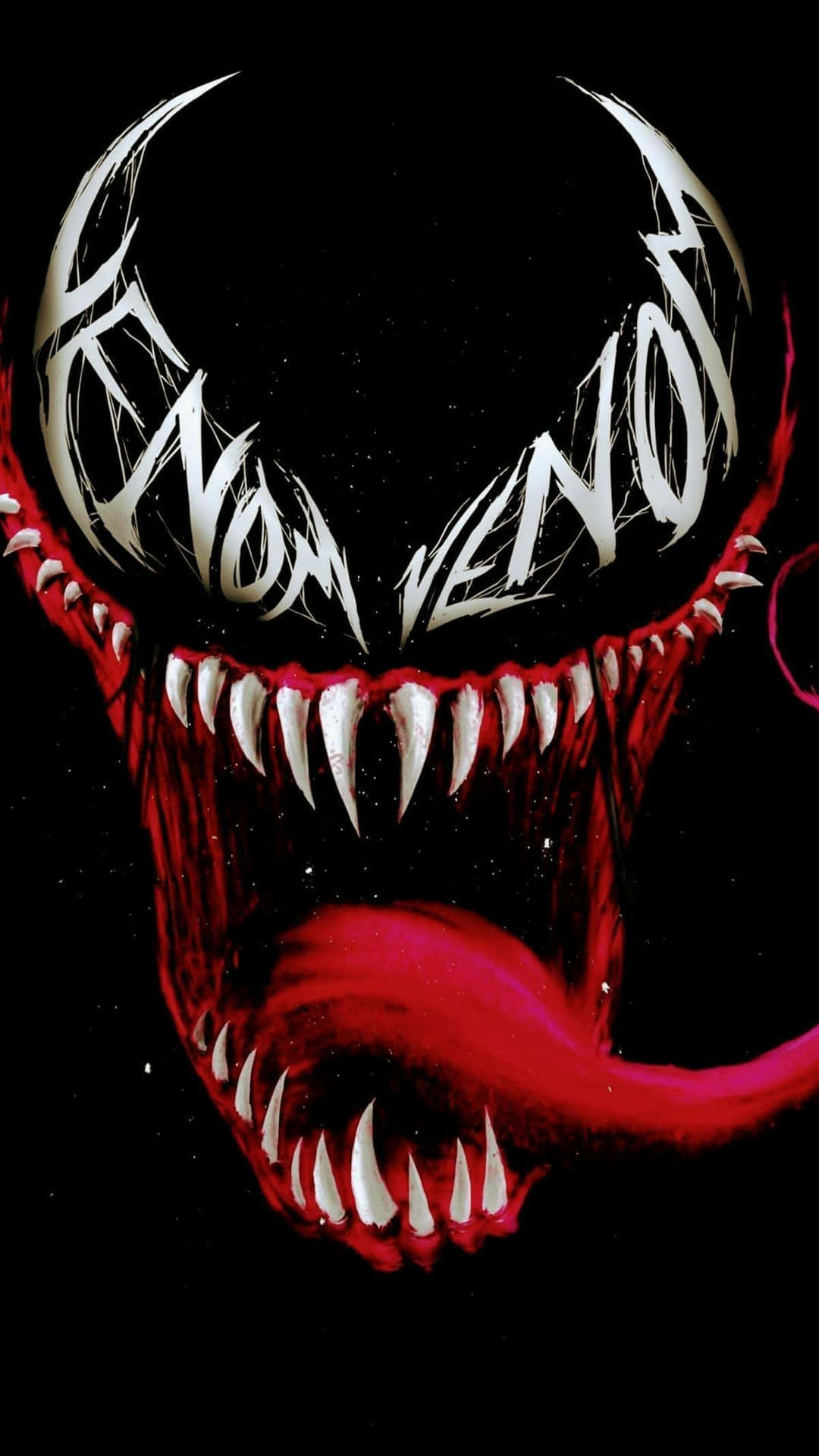  壁紙 — 黑色背景上，Venom 共生體臉部的威脅性特寫，帶有發光的白色眼睛和鋒利的牙齒。
