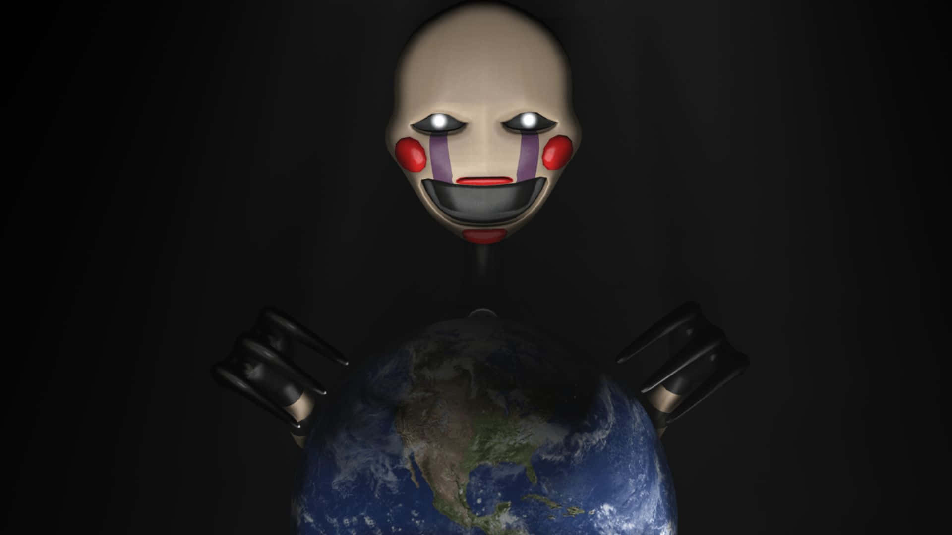  壁紙 — 一個帶有發光眼睛的威脅性小丑臉實體，在黑暗虛空中握著旋轉的地球。