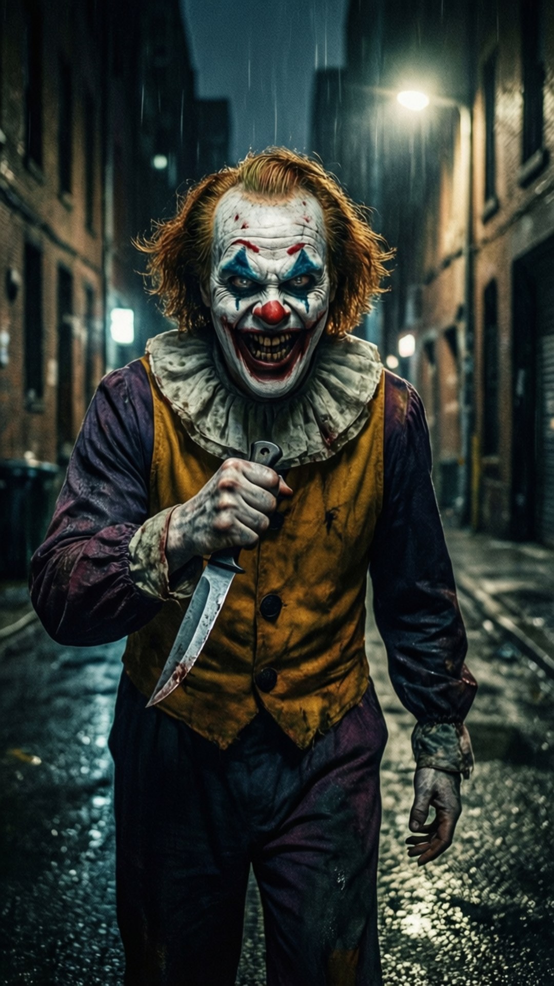 Clown in Dark Alley 壁紙 — 一個帶有血淋淋刀子的威脅性小丑站在雨淋濕的小巷中，在閃爍的路燈下。