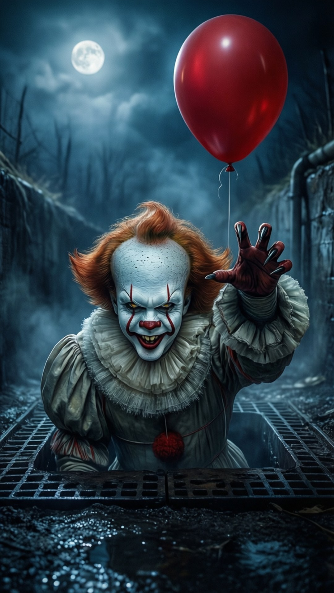 Pennywise Rising 壁紙 — 一個帶有紅髮和白臉妝容的威脅性小丑從黑暗的下水道格柵中出現，在滿月下拿著一個紅色氣球。