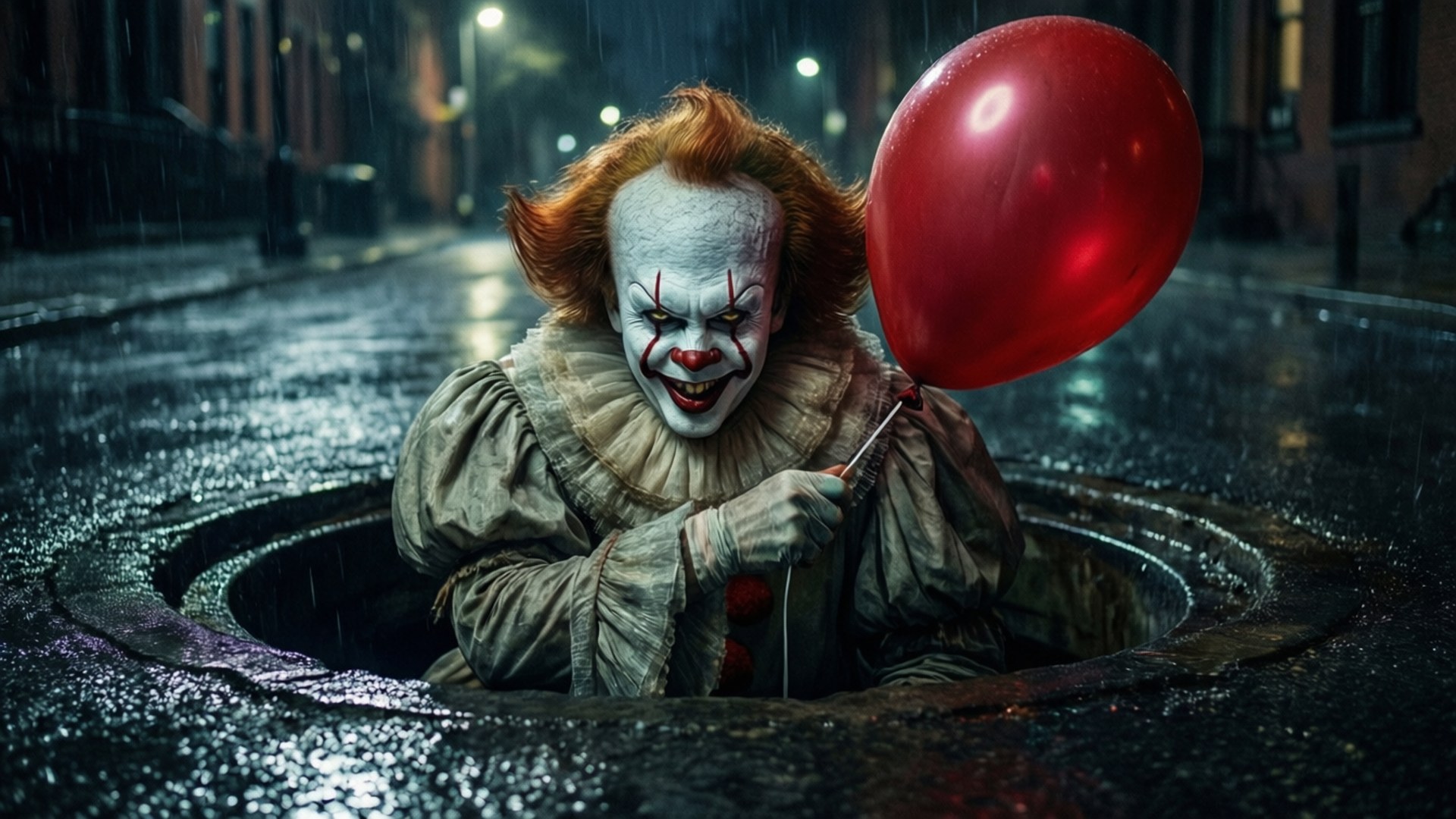 Sewer Emergence 壁紙 — 一個帶有紅髮和白臉塗裝的威脅性小丑從雨水濕滑的人孔中升起，在黑暗的城市小巷中拿著一個紅色氣球。