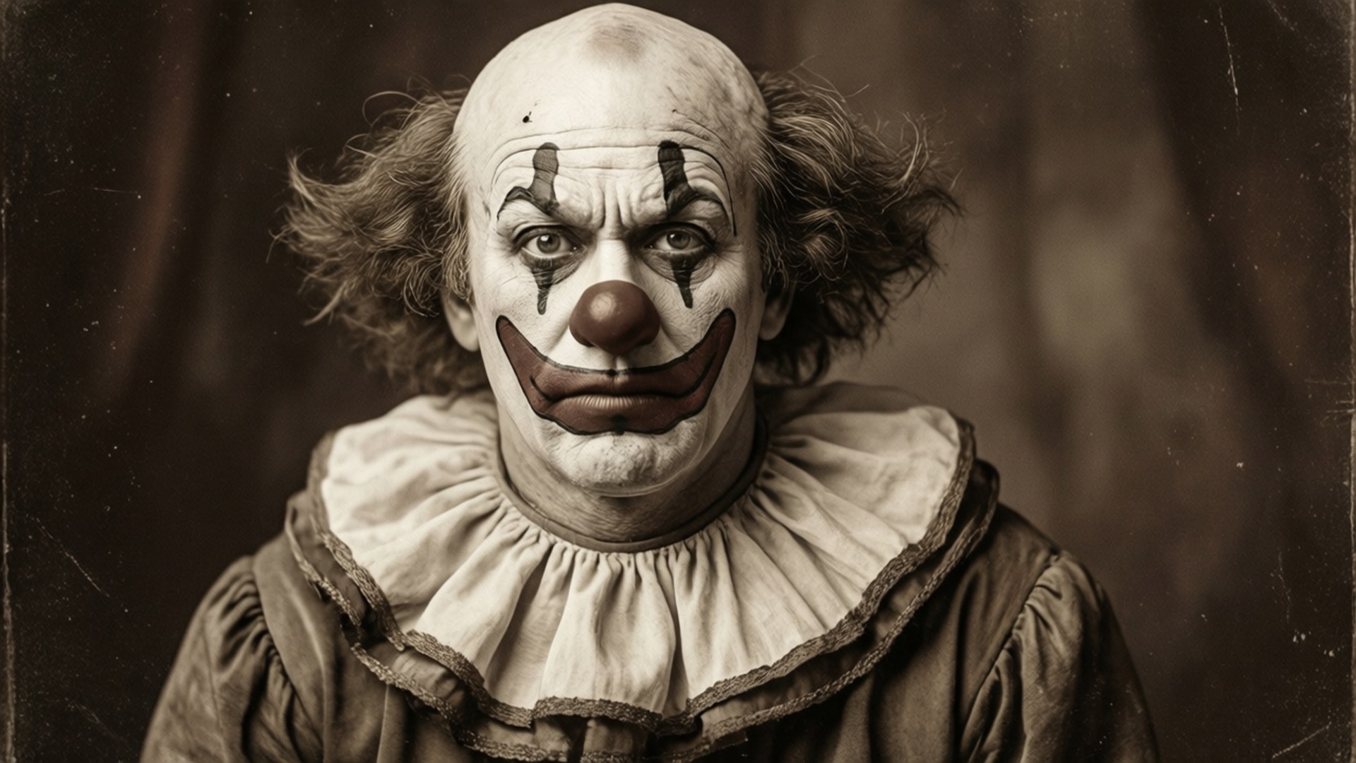 Vintage Clown Portrait 壁紙 — 一個帶有白色臉部彩繪、黑色眼淚、紅色鼻子和荷葉邊領子的威脅性小丑，在黑暗紋理背景前強烈凝視。