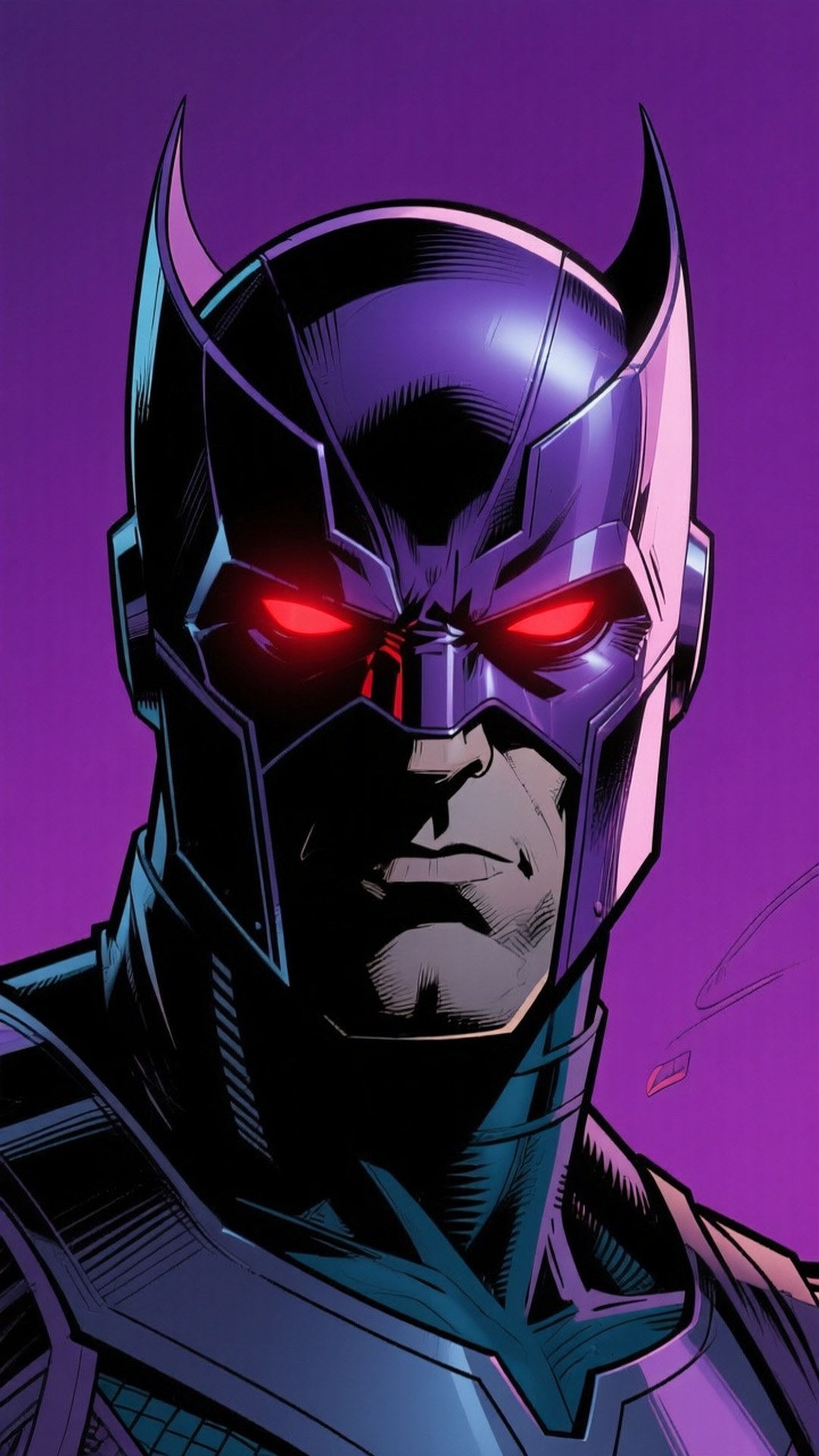 Magneto Helmet Close-up 壁紙 — 一個帶有發光紅眼和紫色裝甲頭盔的威脅性漫畫角色，在深紫色背景下強烈凝視。