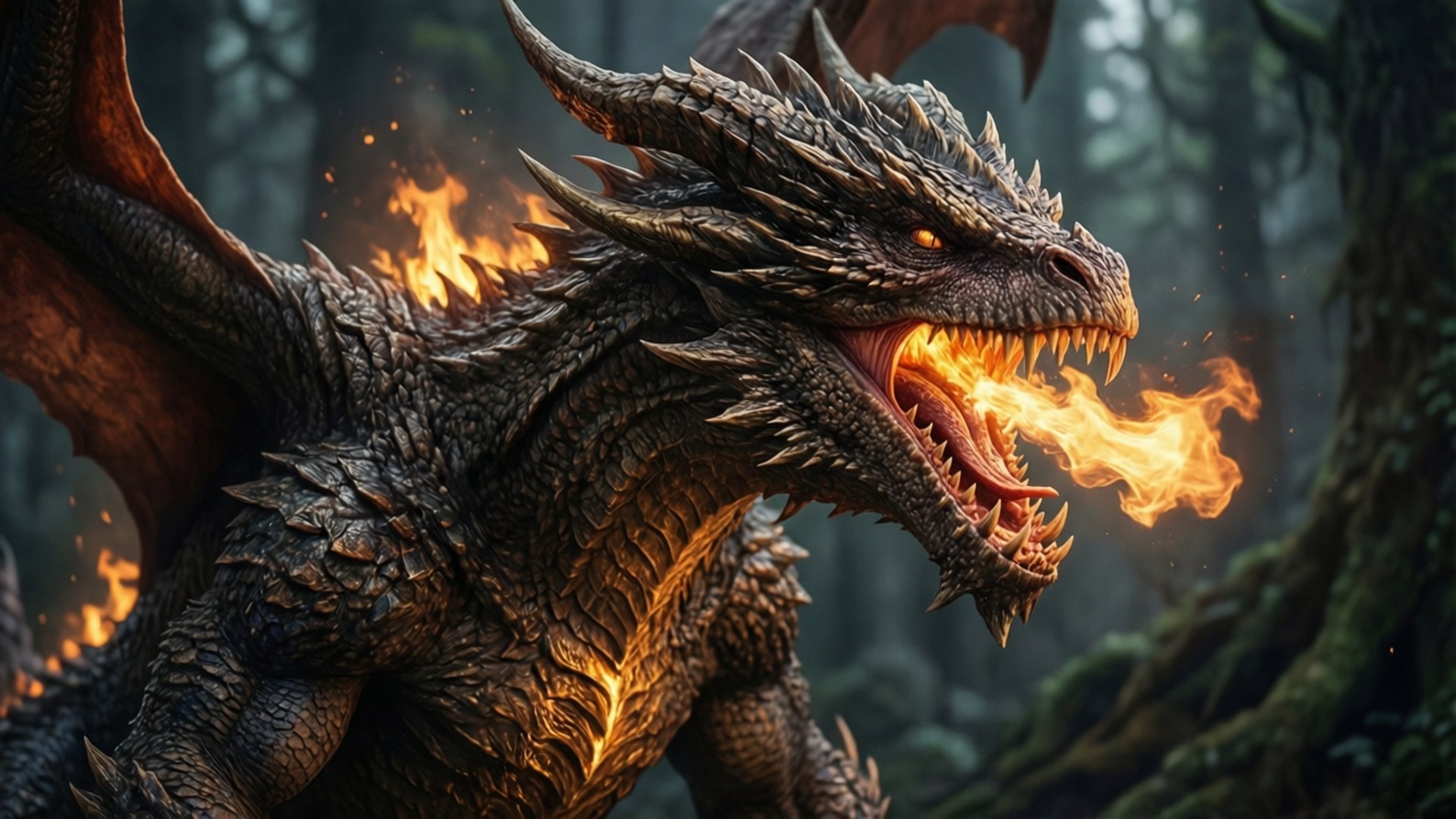 Fantasy Dragon Roar 壁紙 — 一隻帶有發光橙色眼睛的威脅性暗鱗龍在霧氣森林中噴火。