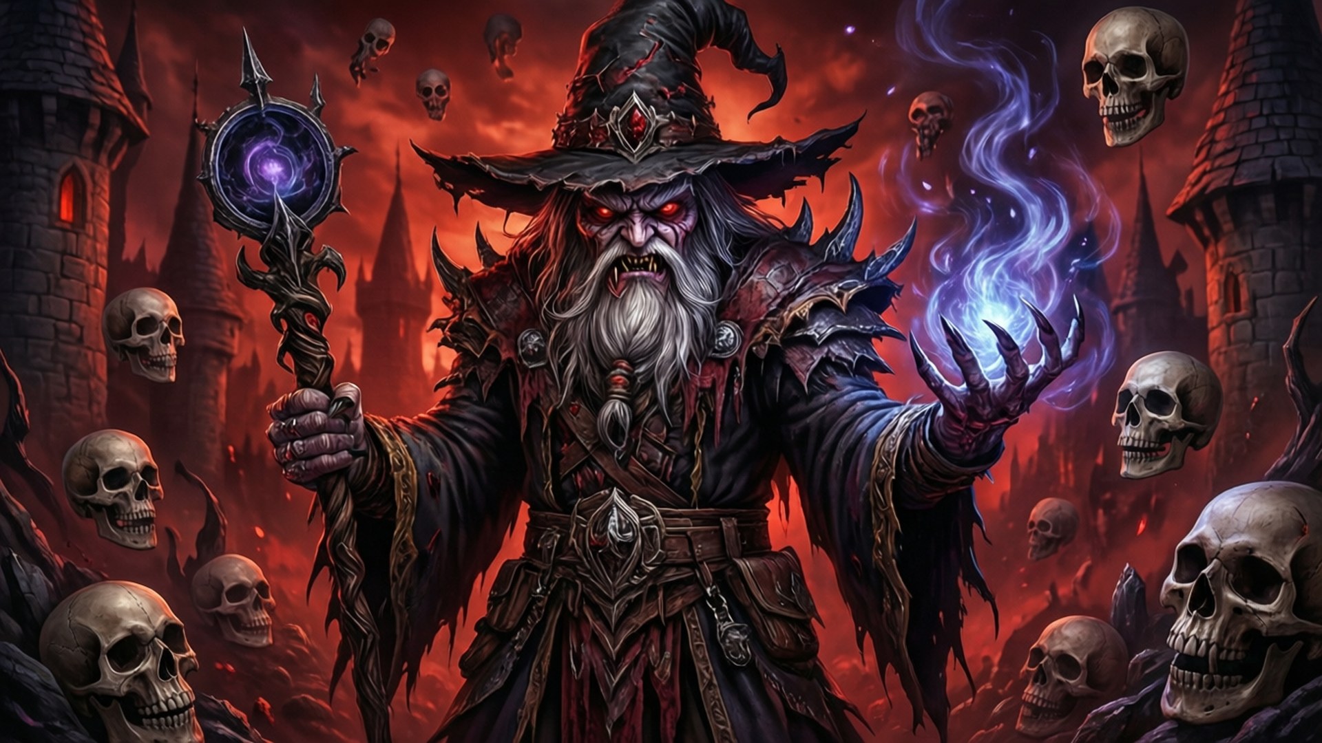 Evil Wizard Dark Magic 壁紙 — 一個帶有發光紅眼的威脅性黑暗巫師揮舞著法杖，在漂浮的頭骨和熾熱城堡背景下召喚藍色魔法。
