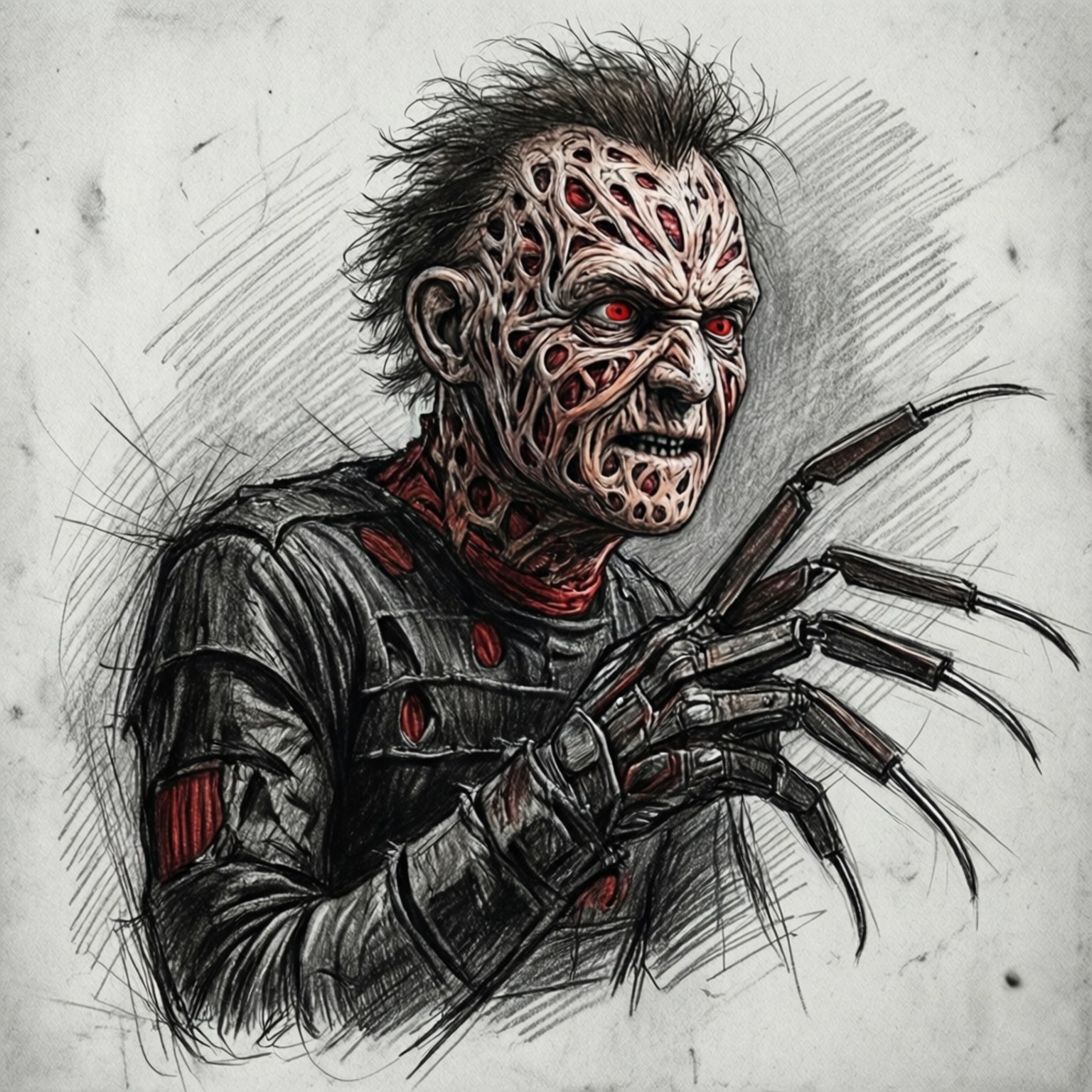 Sketchy Krueger 壁紙 — 一個帶有怪誕面孔和鋒利金屬爪子的恐怖角色從紋理素描背景中浮現。
