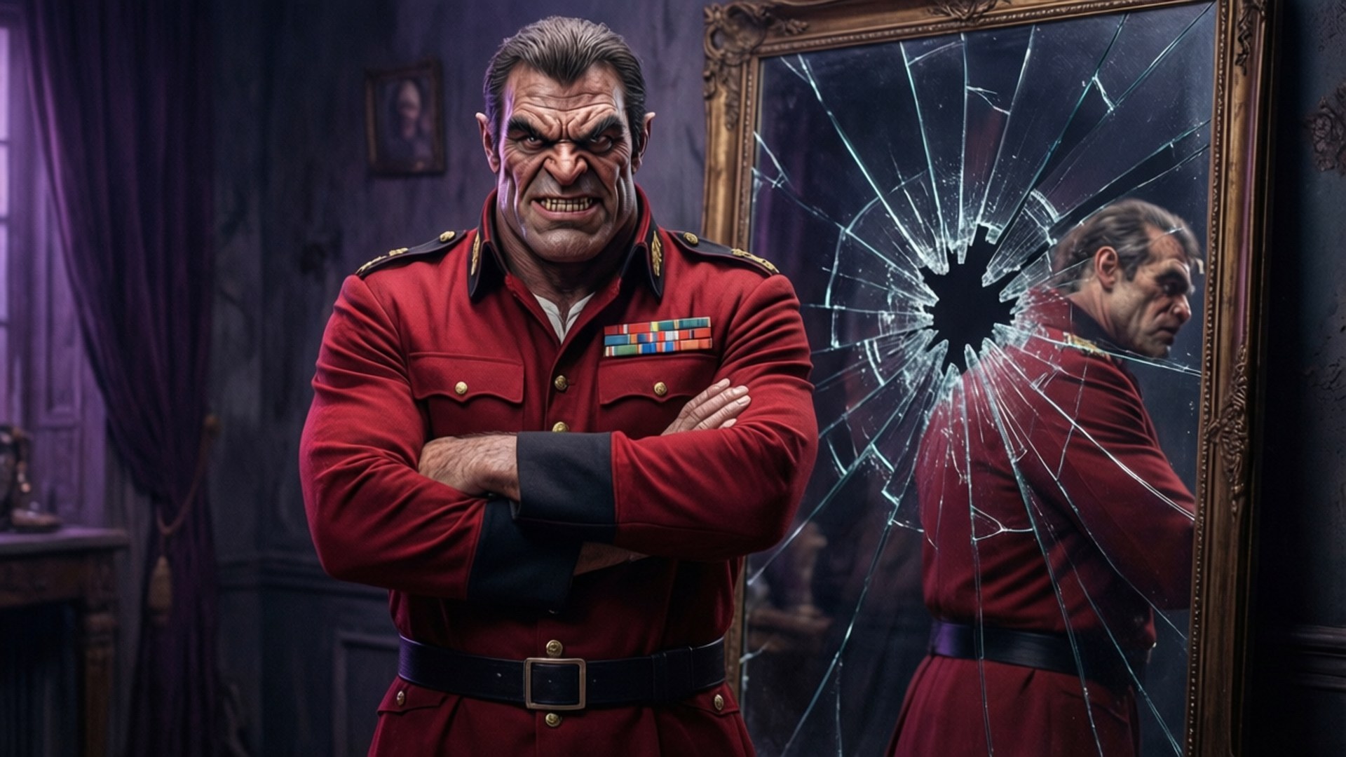 Bison Shattered Reflection 壁紙 — 一個穿著紅色軍裝的威脅性男子雙手交叉站立在破碎的鏡子旁，鏡中反射出他憤怒的臉。