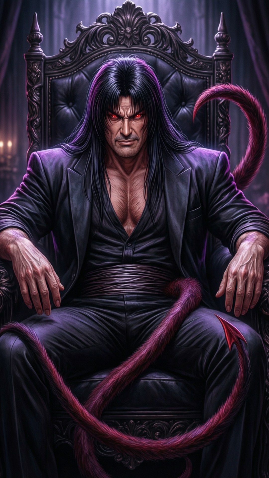 Throne of Darkness 壁紙 — 一個帶有發光紅眼和長紫色尾巴的威脅性男人，威嚴地坐在昏暗哥德式房間中一個華麗的黑色王座上。