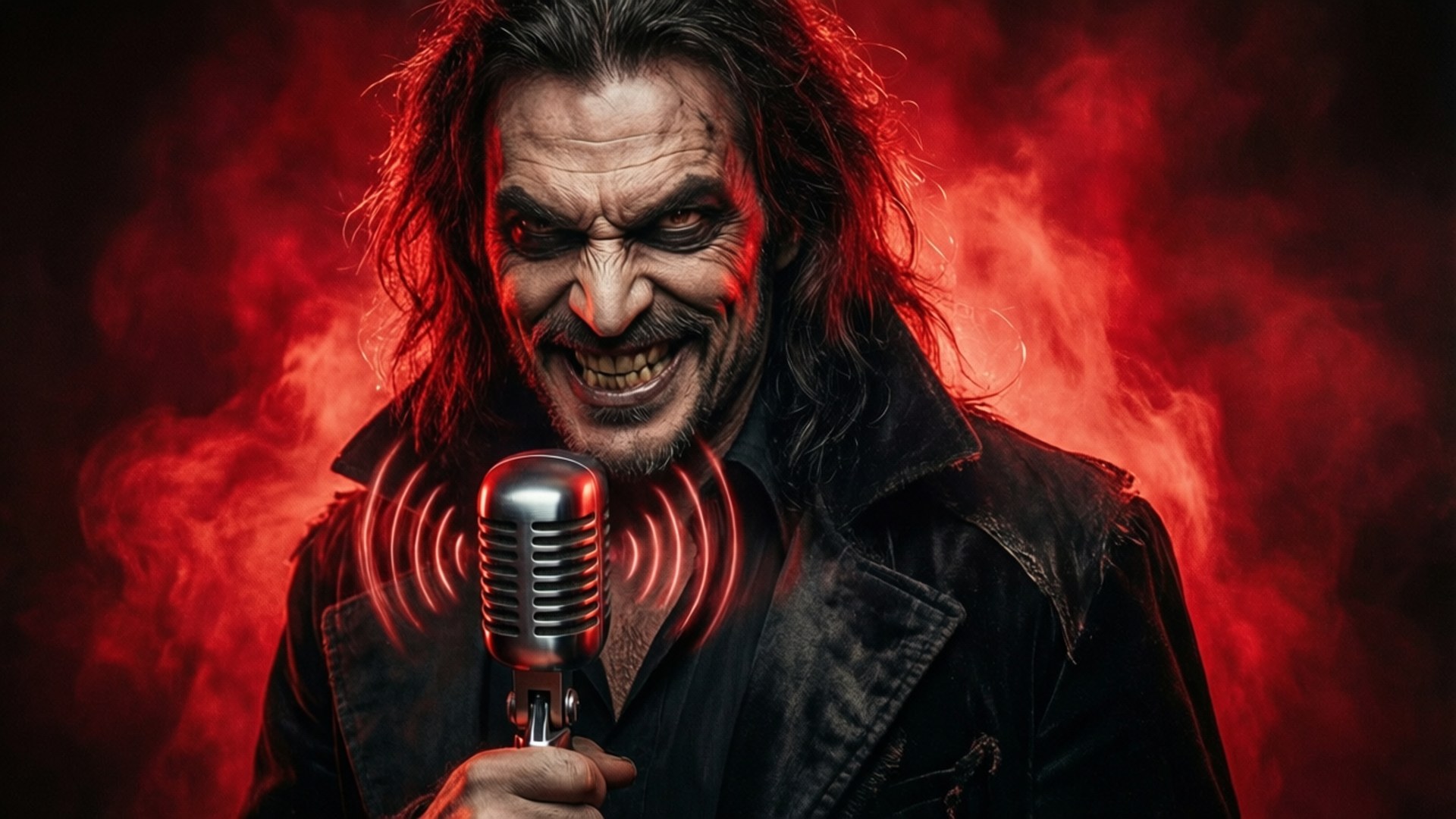 The Radio Demon's Broadcast 壁紙 — 一個帶有長黑髮的威脅性男人對著復古麥克風尖叫，背景是旋轉的紅色煙霧。