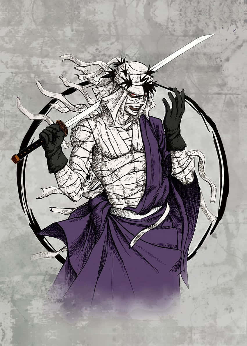  壁紙 — 一個身穿紫色長袍、手持劍的威嚇蒙面武士，站在圓形框架內，背景是帶紋理的灰色。
