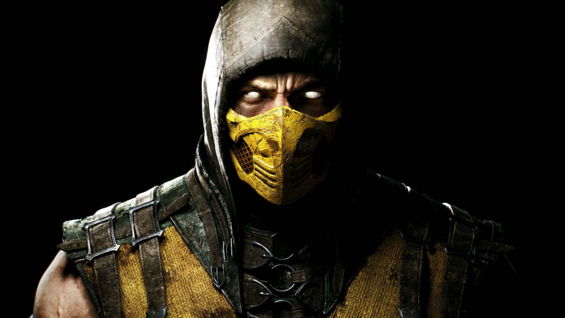 Mortal Kombat Characters 桌布 壁紙 — 一個戴著面具、身穿黃黑盔甲的威脅性戰士，在黑暗背景下強烈凝視。