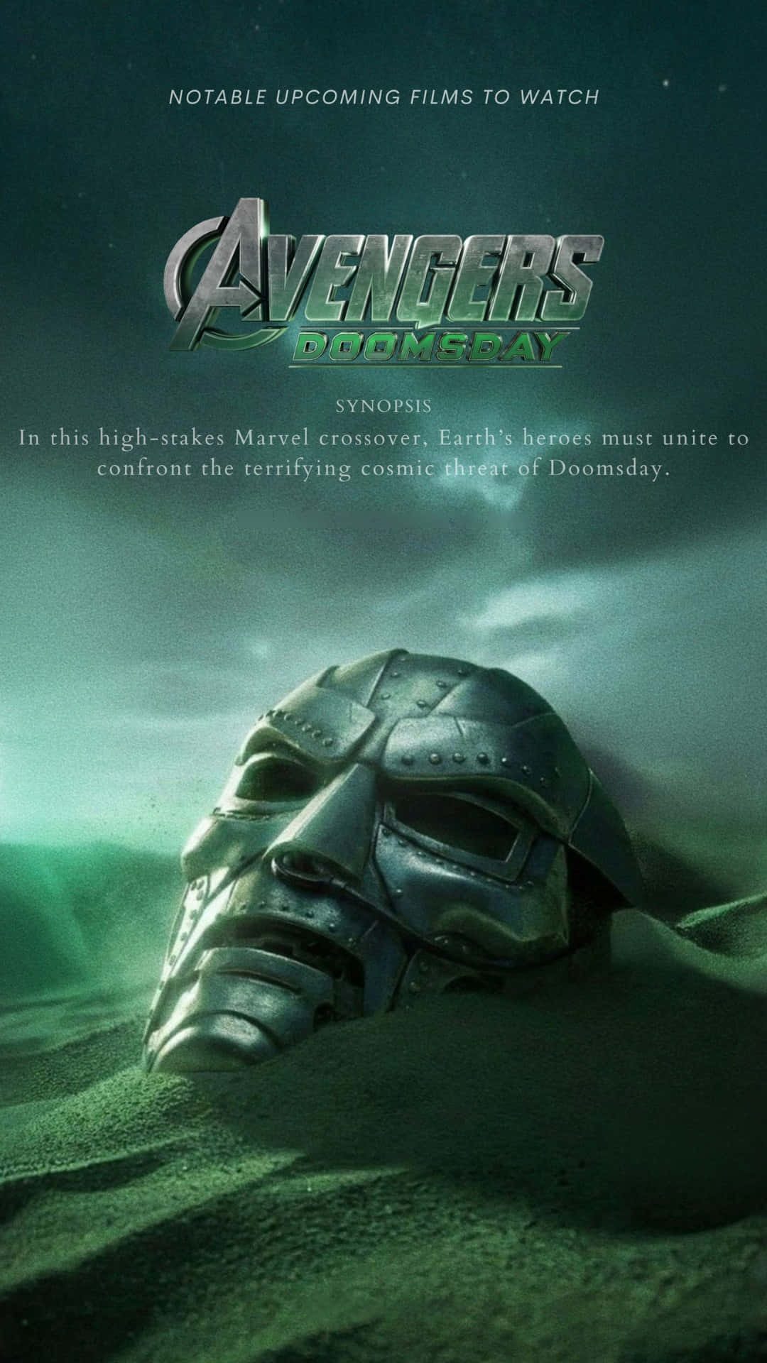  壁紙 — 在Marvel電影海報中，一個威脅性的Doomsday金屬面具從綠色沙中浮現，天空風暴密佈。