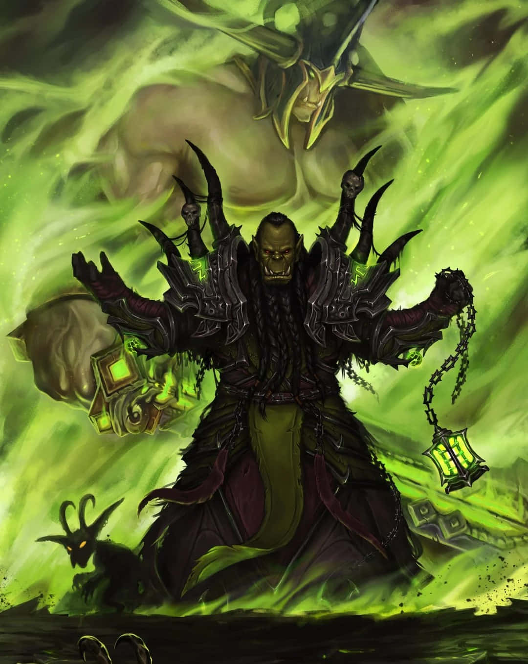 壁紙 — 一個身穿暗色盔甲的可怕獸人術士，正在引導綠色魔法能量，周圍有發光的燈籠和惡魔符號旋轉。