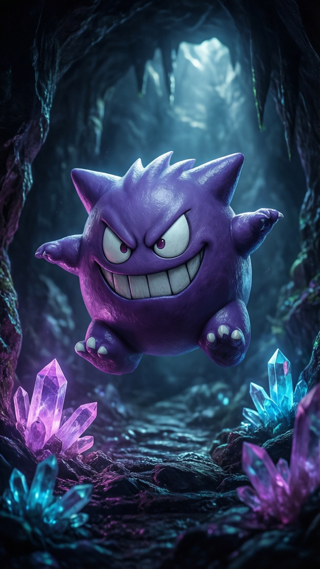 Crystal Cave Gastly 壁紙 — 一隻帶有威脅性的紫色幽靈寶可夢漂浮在一個由發光紫色和藍色水晶照亮的黑暗洞穴中。