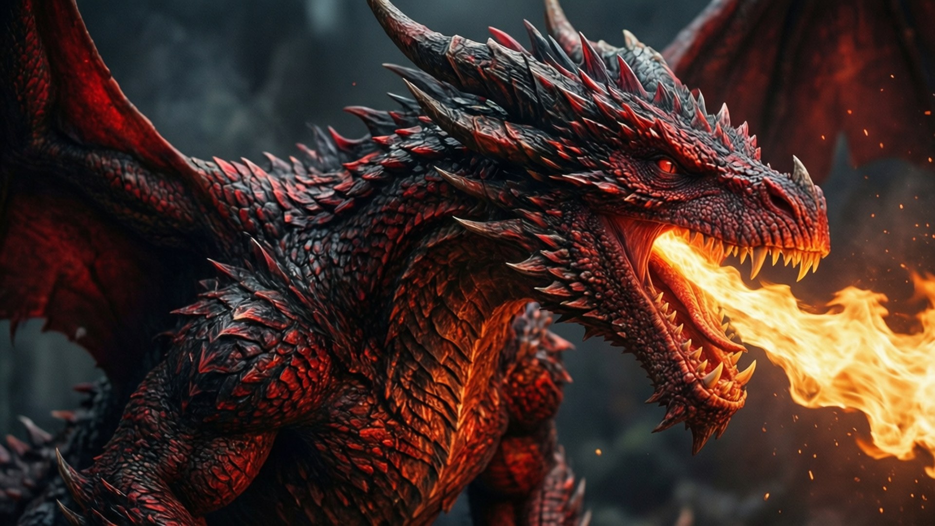 Dragon's Fury 壁紙 — 一條帶有尖刺鱗片和發光眼睛的威脅性紅龍，在黑暗煙霧繚繞的背景中噴火。