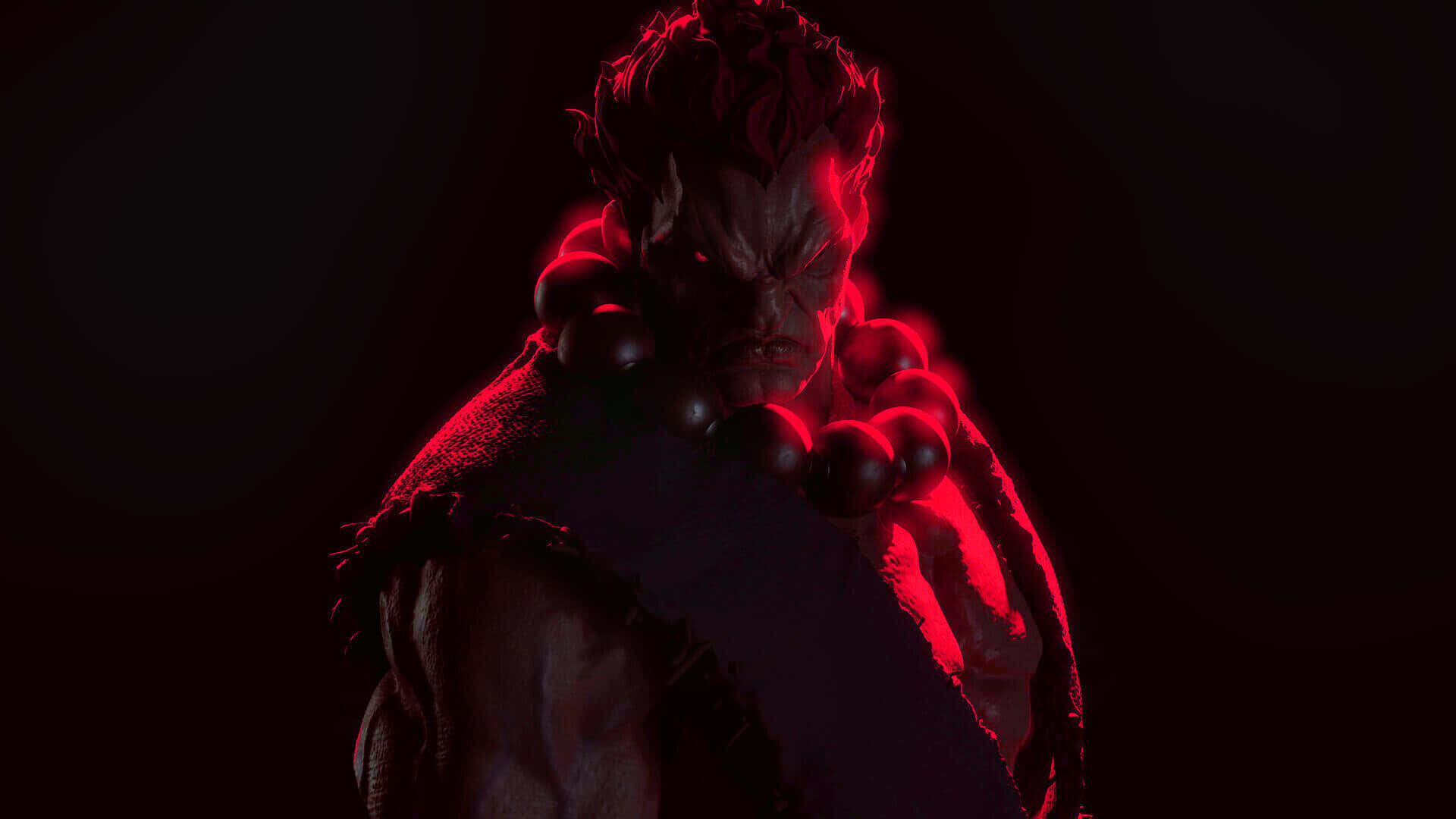  壁紙 — 一個帶有紅色光芒、頭髮尖刺、眼睛發光的惡魔般人物，在黑色背景下強烈凝視。