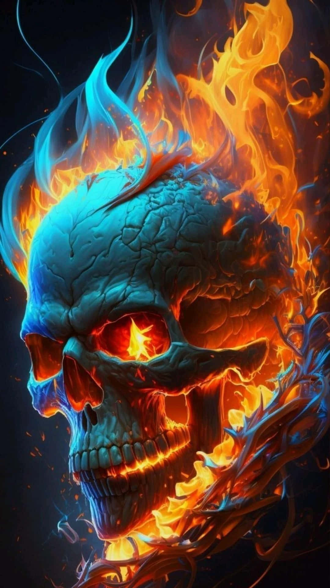  壁紙 — 一個帶有發光紅眼和從頭部噴出熾熱橙色火焰的威脅性頭骨，背景為深色。