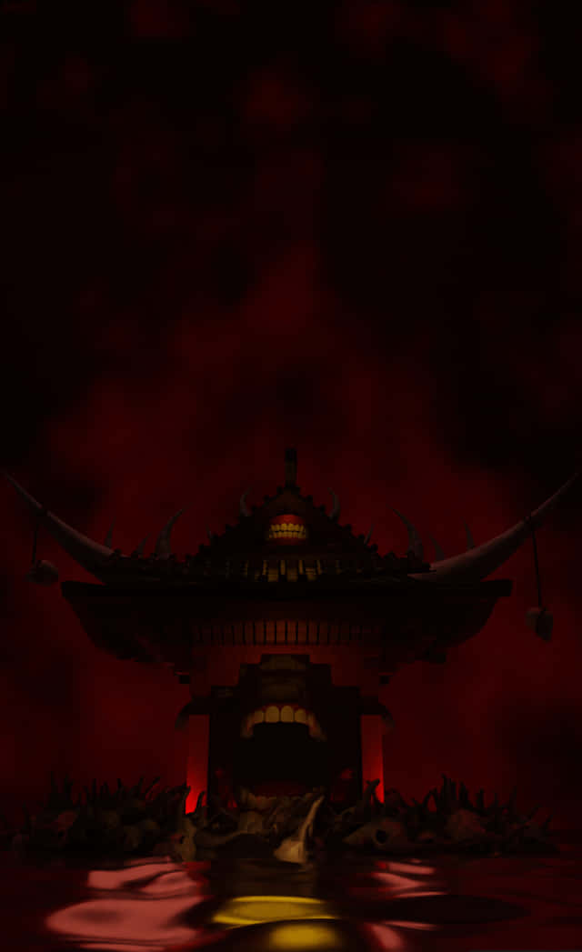 一個帶有發光眼睛和角的惡魔神廟從紅色的水中升起，在深紅色的天空下。 — 廟宇 壁紙