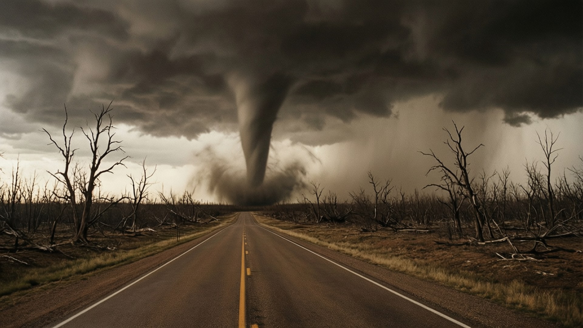Road to Tornado 壁紙 — 一股威脅性的龍捲風從暴風雲中降臨在一條荒涼的道路上，兩旁是光禿禿的樹木。