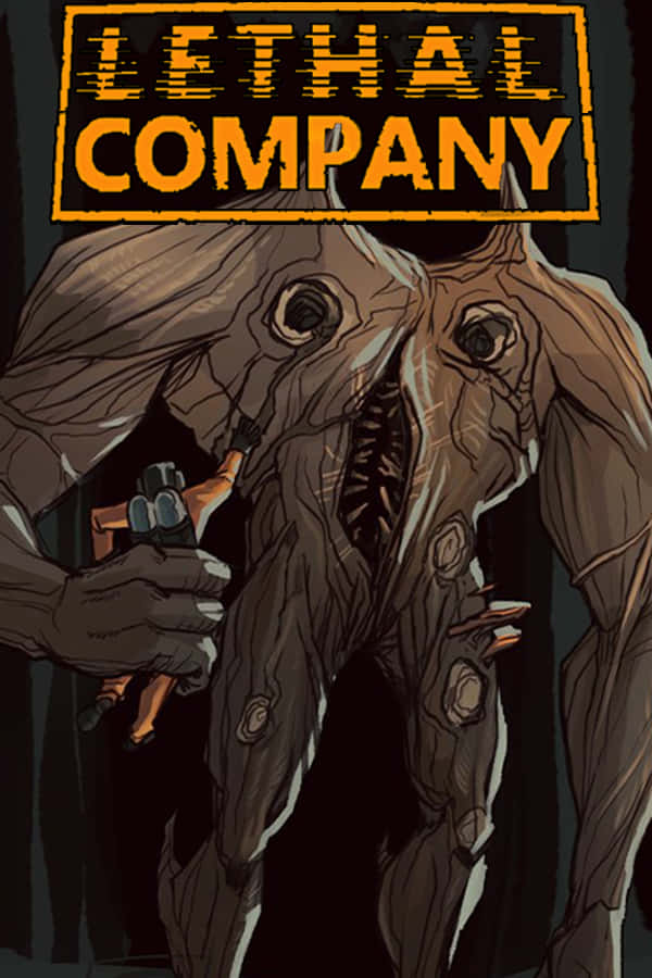  壁紙 — 一個帶有發光眼睛和暴露肋骨的威脅性樹狀生物，在「LETHAL COMPANY」標誌下持有武器。