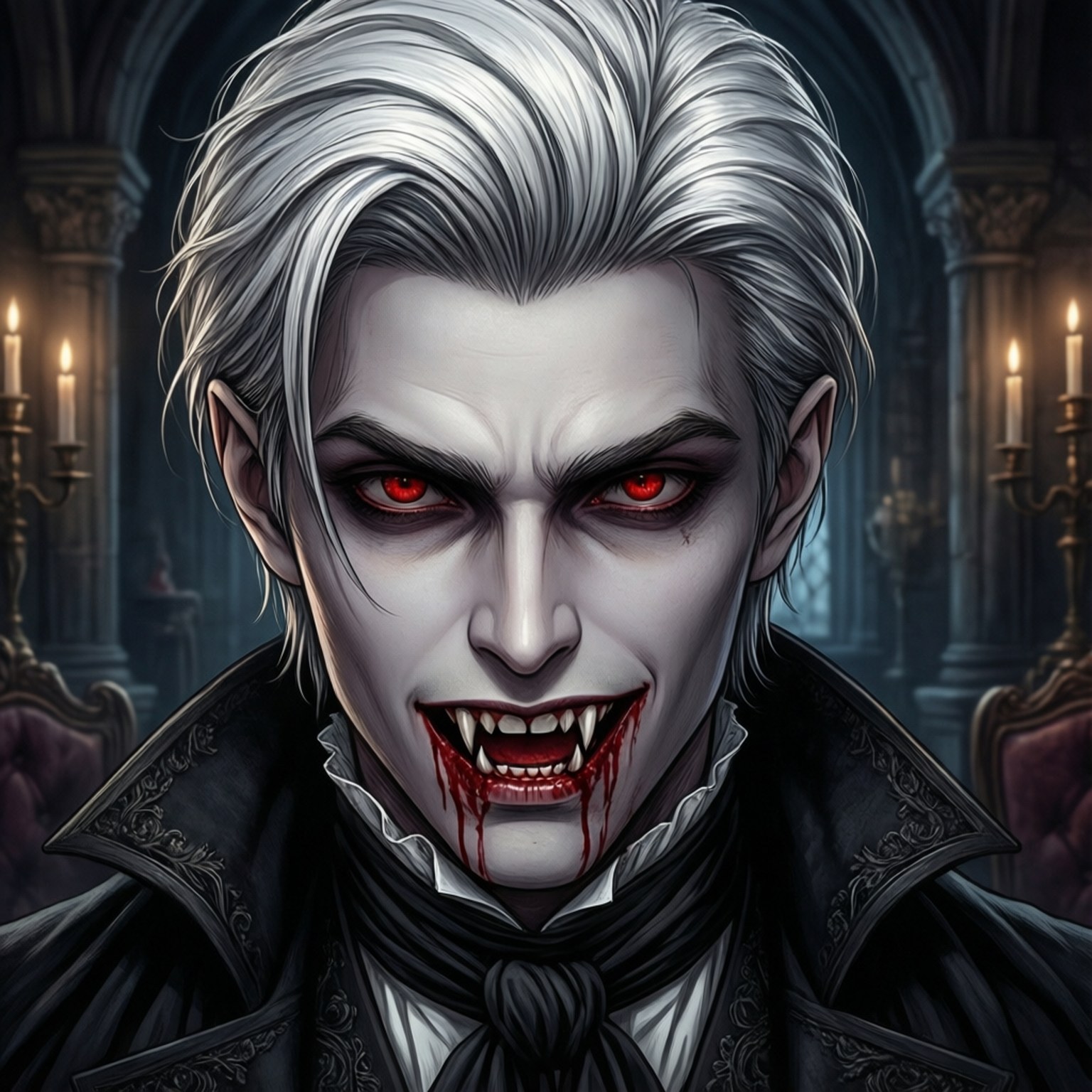 Bloodlust Noble 壁紙 — 一個帶有銀色頭髮和發光紅眼睛的威脅性吸血鬼，在燭光照亮的哥德式大教堂中從尖牙滴下血液。