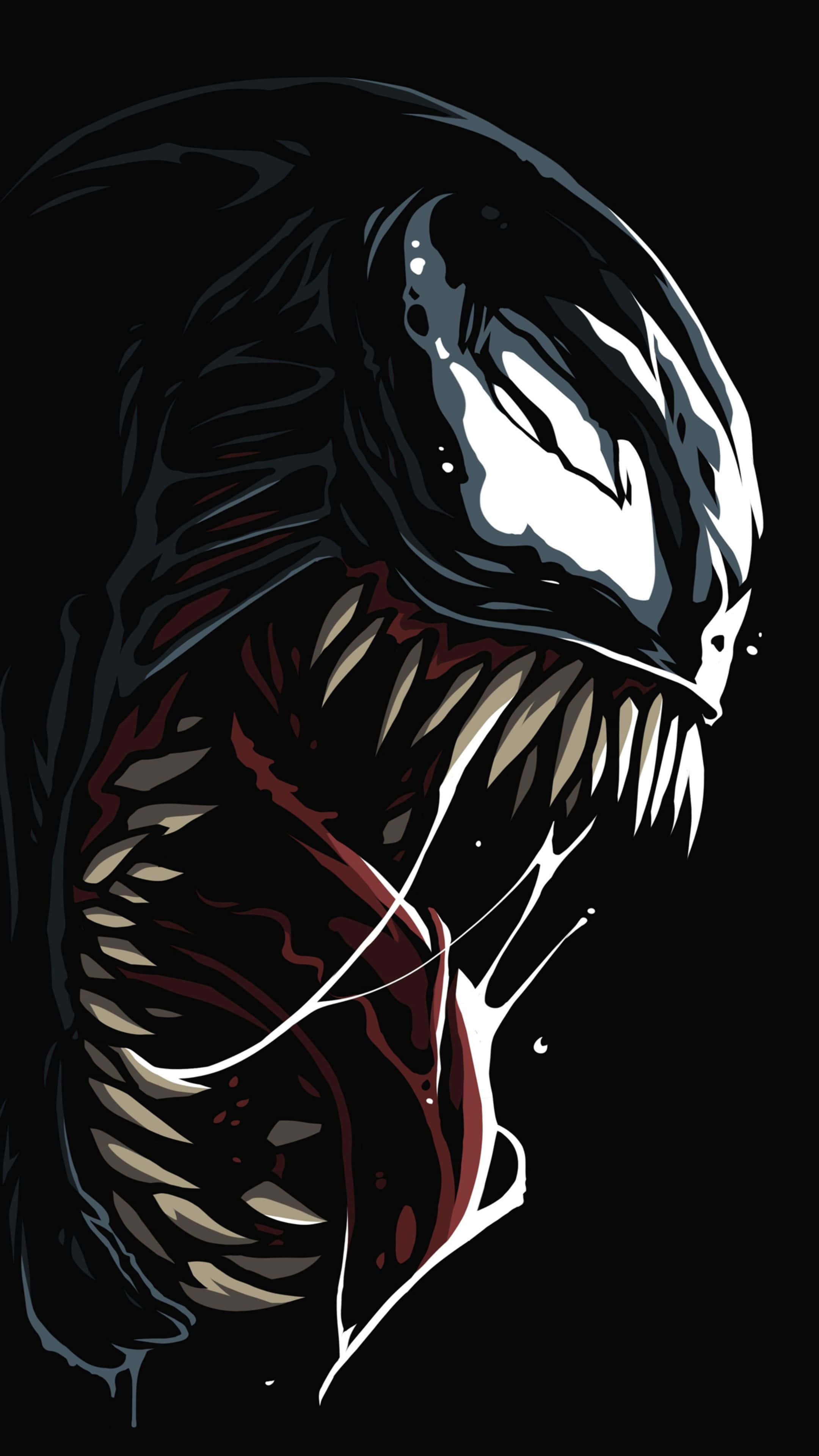 Venom Comic Book 桌布 壁紙 — 一個帶有尖牙和發光白色眼睛的威脅性猛毒角色，在黑色背景下強烈凝視。