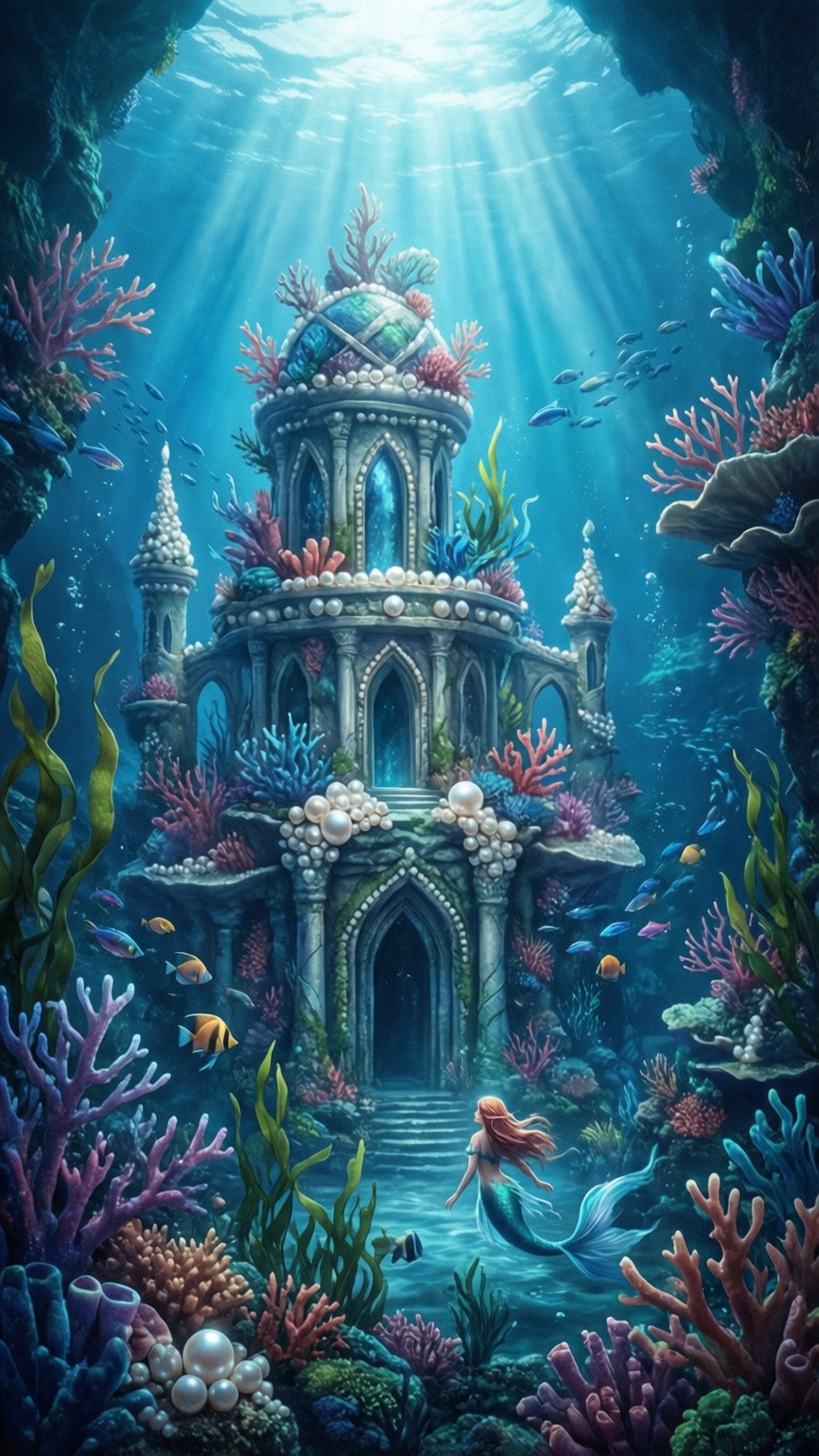 Underwater Coral Palace 壁紙 — 一條美人魚游向一個陽光普照的水下城堡，城堡裝飾著珊瑚和珍珠，周圍環繞著色彩繽紛的魚類和海洋植物。