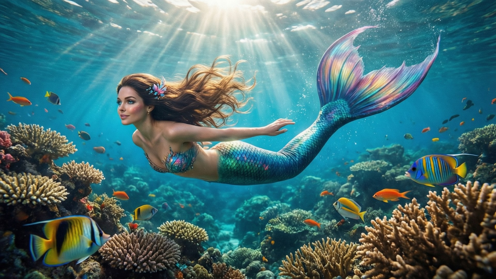 Ocean Conservation 桌布 壁紙 — 一條擁有彩虹尾巴的美人魚在陽光普照、充滿色彩繽紛熱帶魚的珊瑚礁中優雅地滑行。