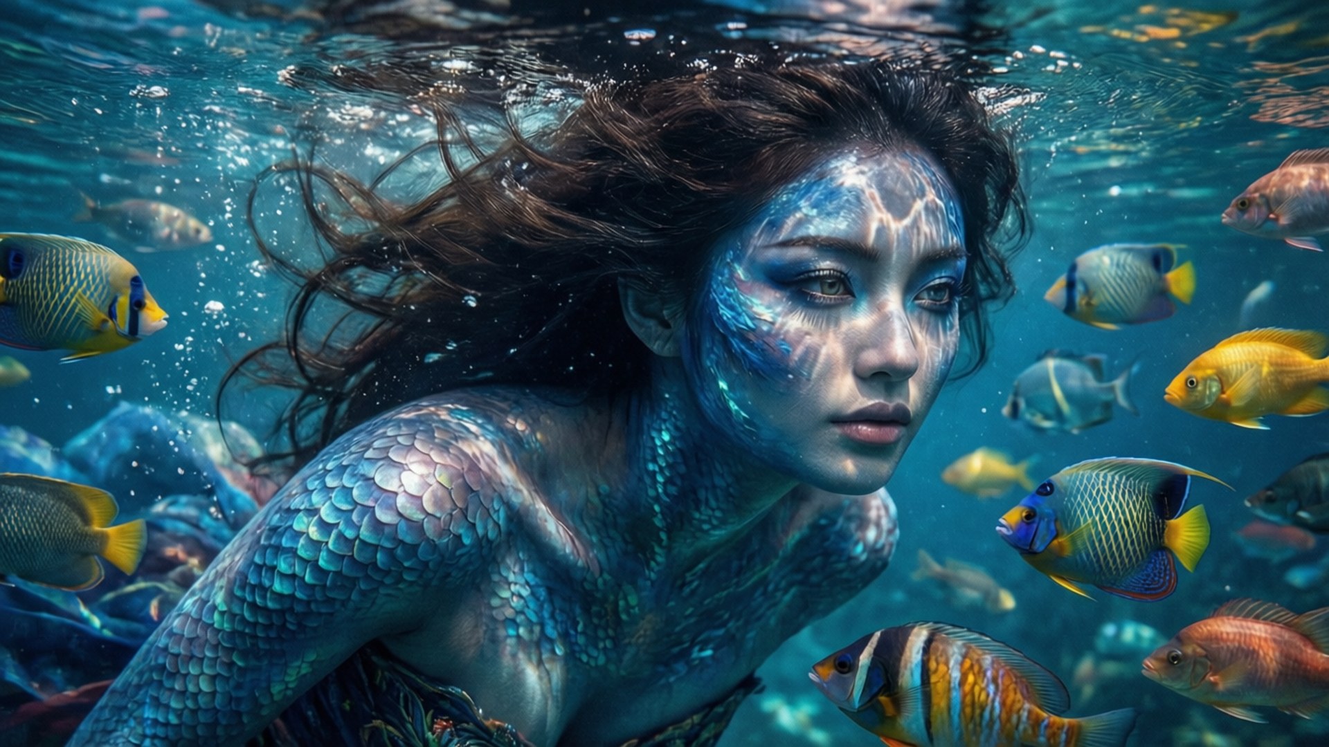 Underwater Serenity 壁紙 — 一條擁有藍色鱗片皮膚和飄逸黑髮的美人魚在水下滑行，周圍環繞著色彩繽紛的熱帶魚。