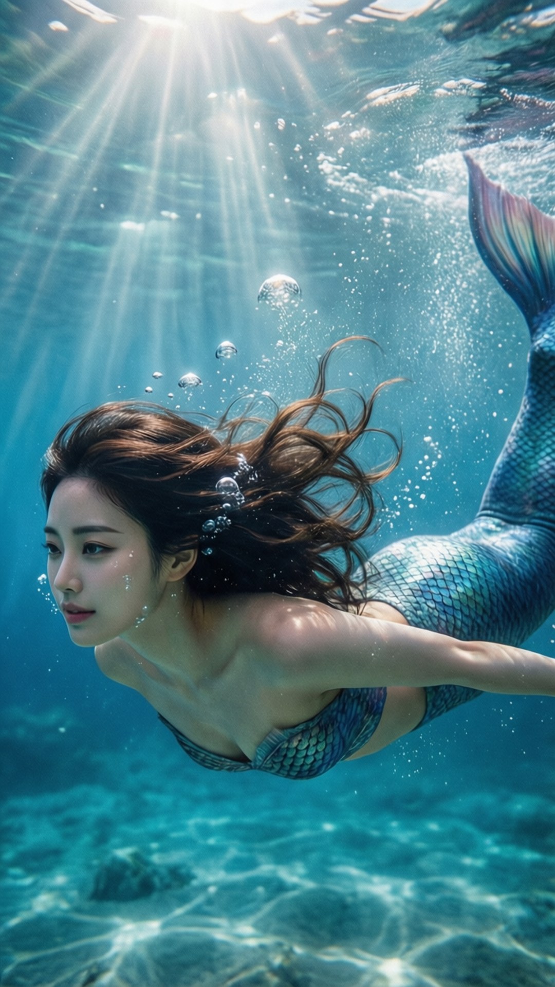 Underwater Dream 壁紙 — 一條擁有飄逸棕色頭髮和虹彩藍色尾巴的美人魚，在陽光普照的碧綠海水中滑行，光線和氣泡在她周圍旋轉。
