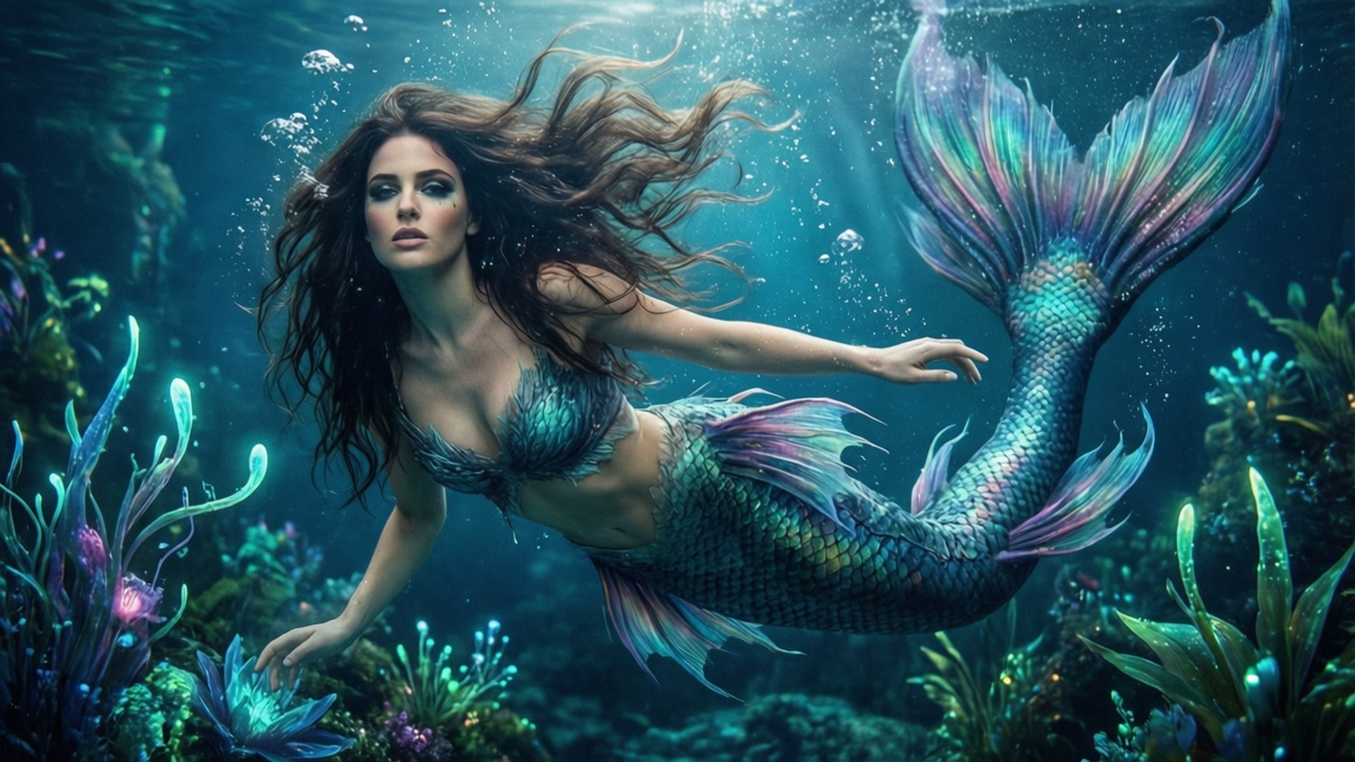 Mermaid Dream 壁紙 — 一條擁有飄逸黑髮和彩虹色尾巴的美人魚，在陽光照射的碧綠海水中，於發光的珊瑚和海草間滑行。