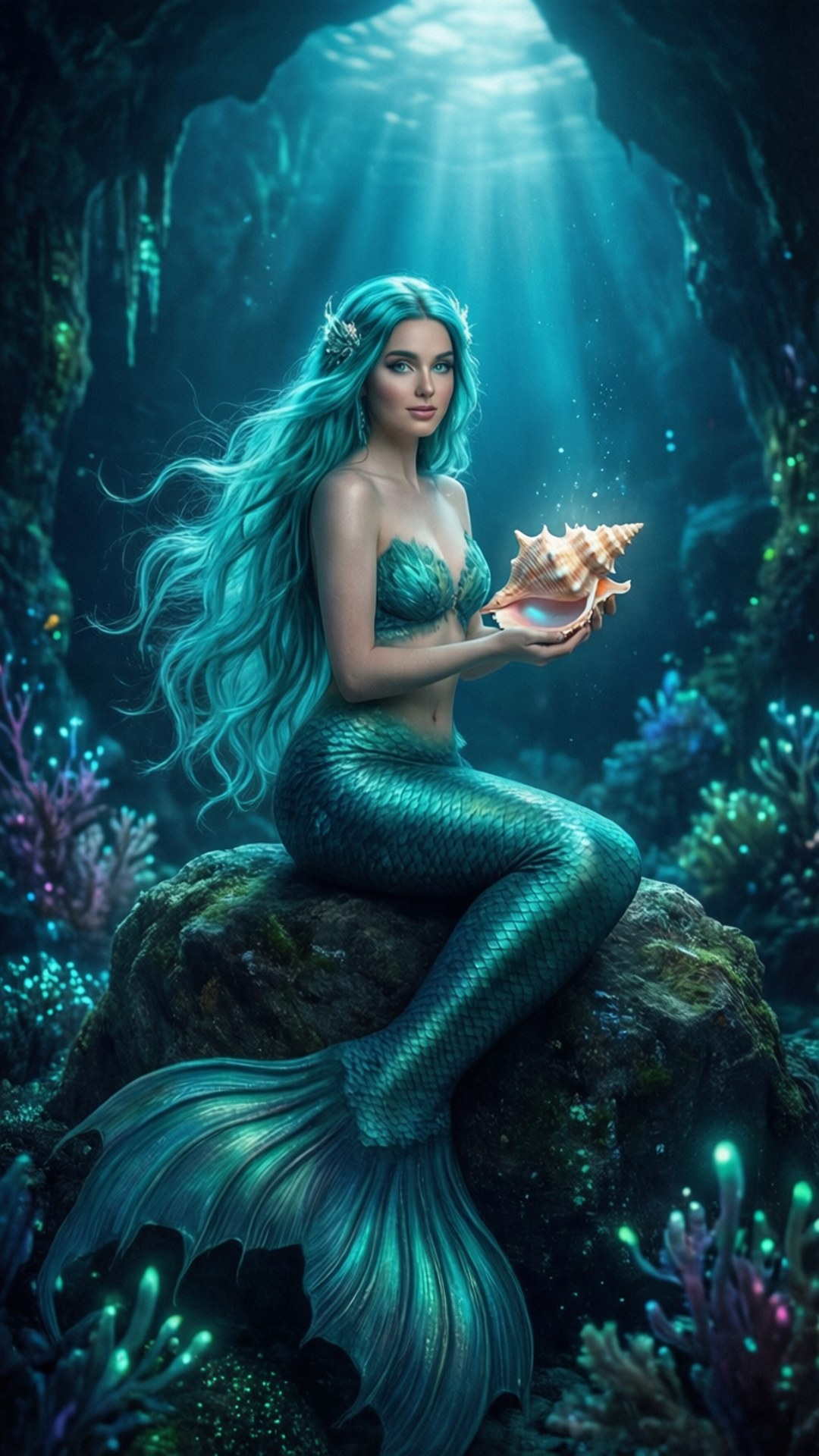 Mermaid with Seashell 壁紙 — 一條擁有飄逸青綠色頭髮和鱗片尾巴的美人魚坐在水下岩石上，手持發光的貝殼，陽光透過洞穴開口照射下來。
