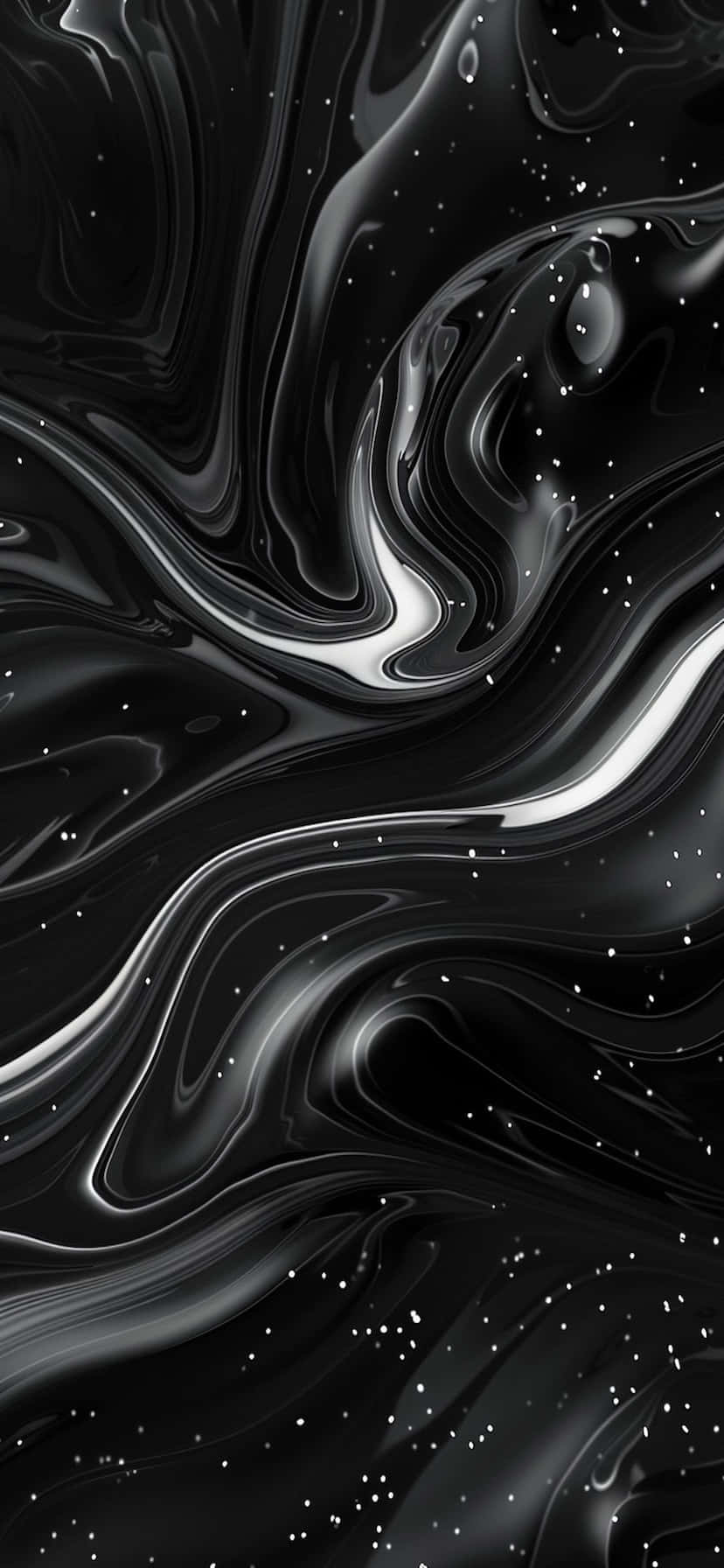  壁紙 — 迷人的黑白抽象漩渦，帶有光澤液體紋理和散落的閃爍斑點。