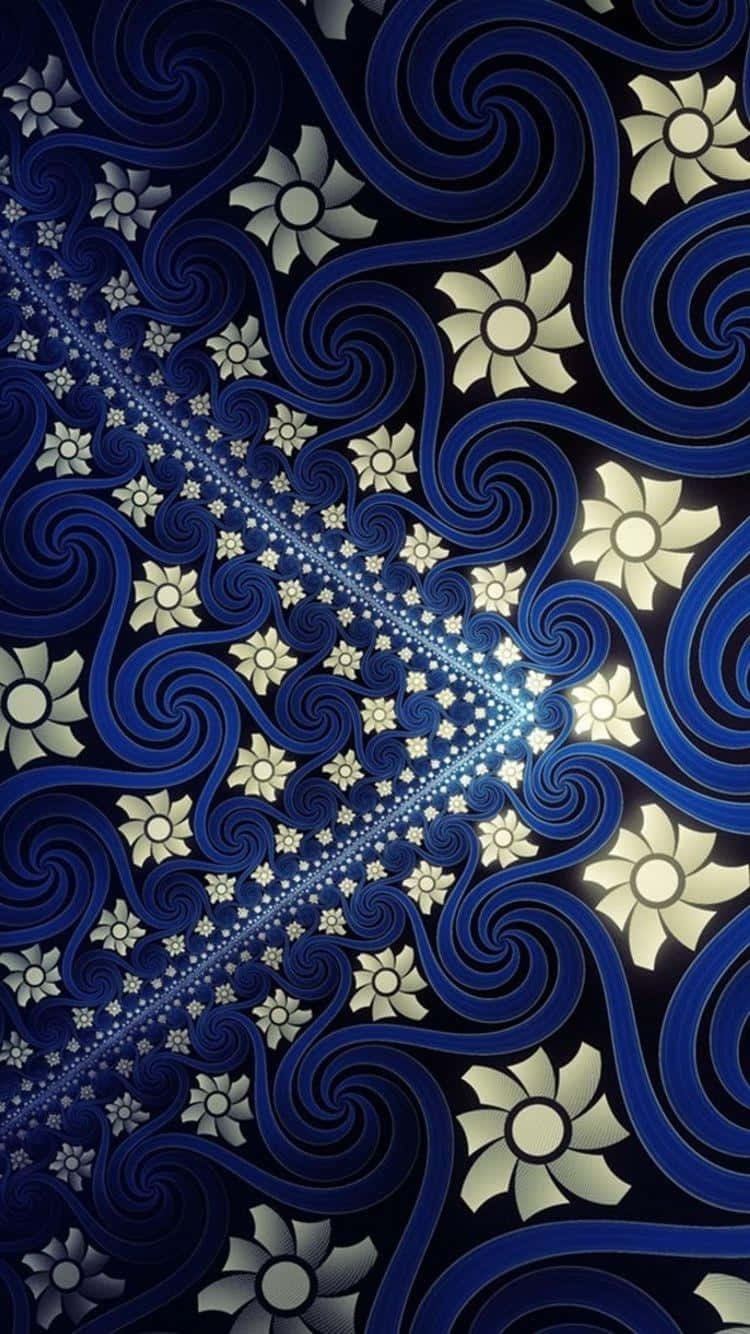  壁紙 — 一幅迷人的數位藝術作品，呈現深藍色漩渦圖案和發光的奶油色花朵，以放射狀對角線構圖排列。