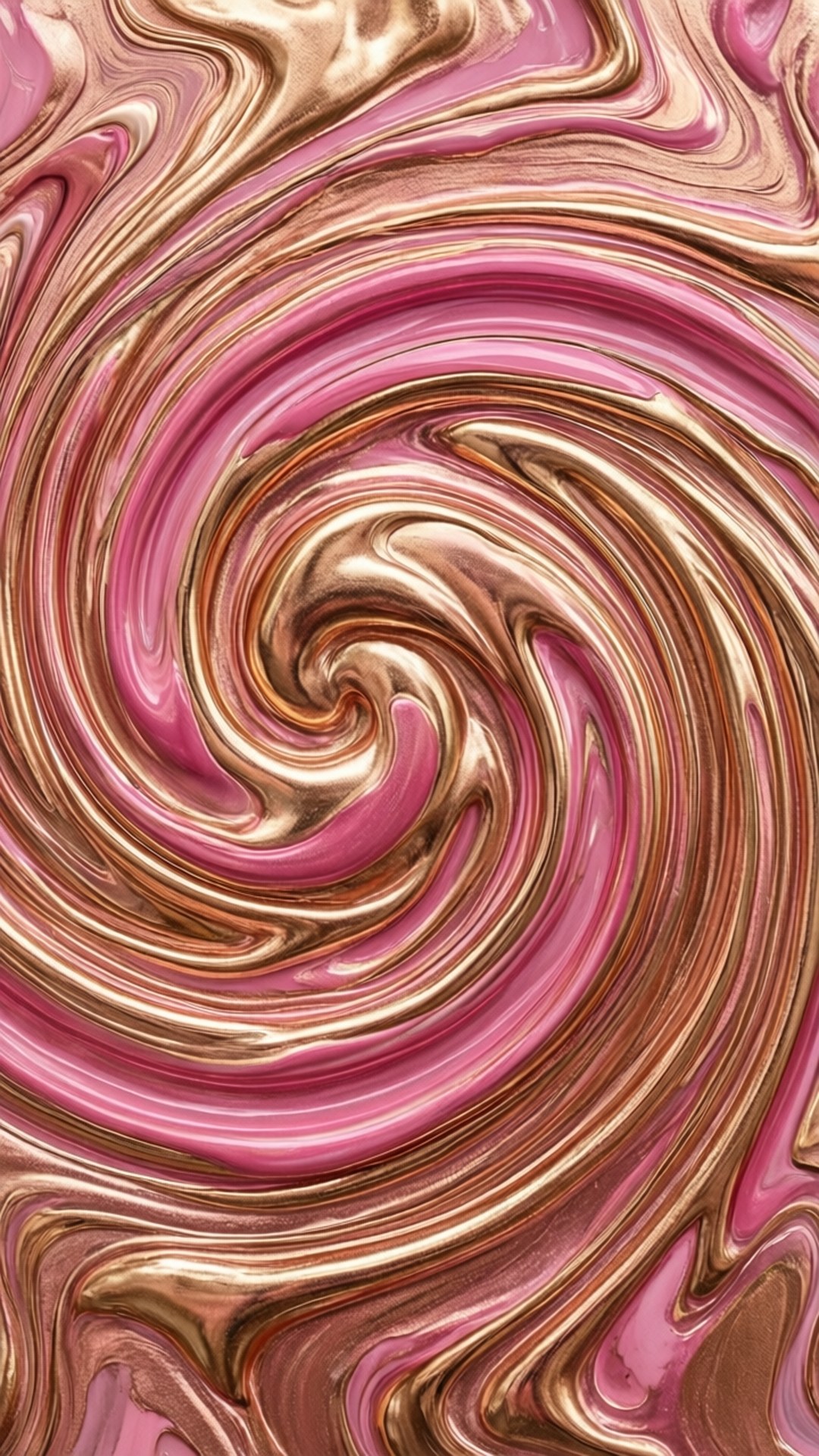 Swirling Metallics 壁紙 — 令人著迷的金屬玫瑰金和粉紅色液體漩渦，以同心螺旋流動，帶有光澤。